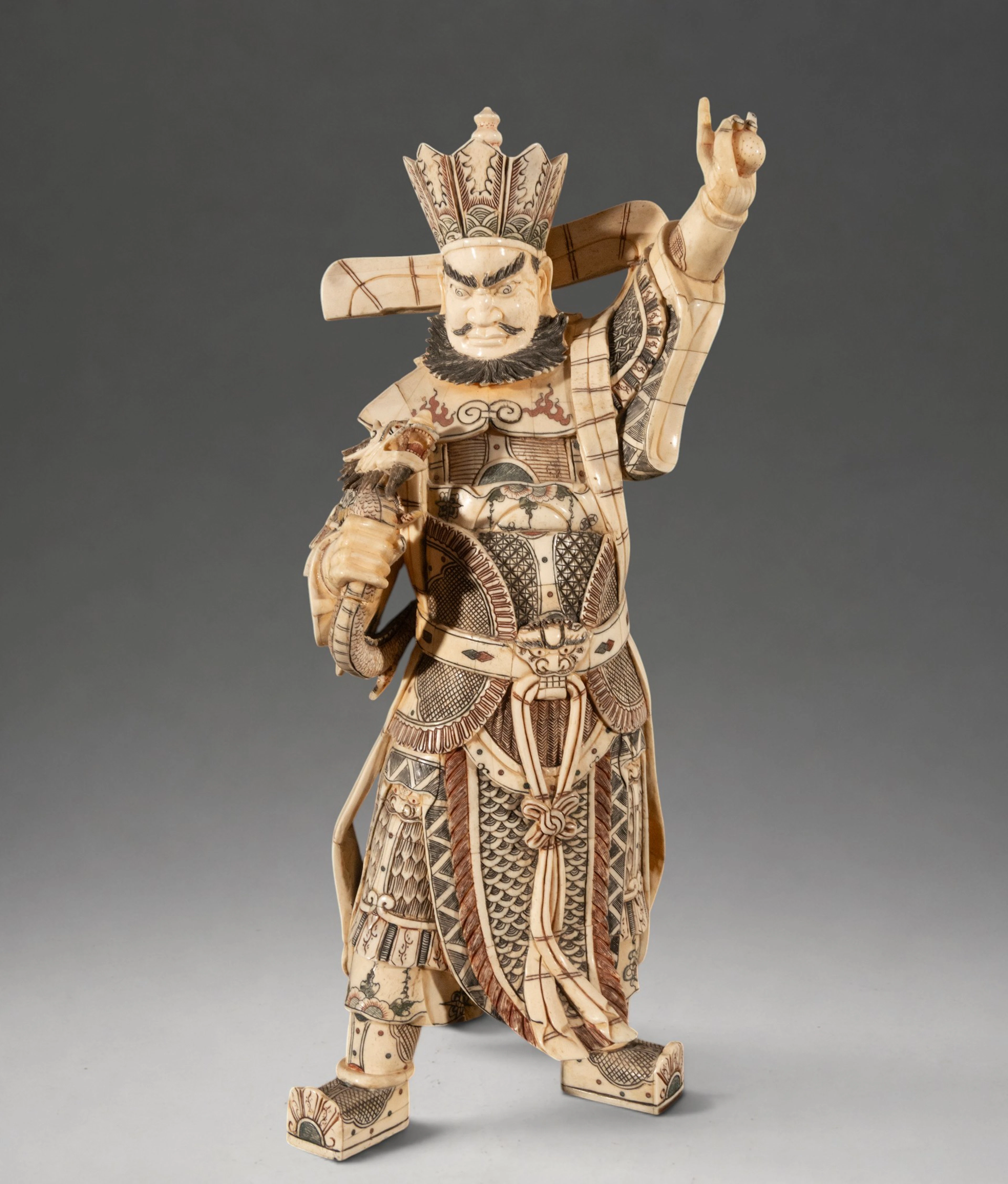 Large Warrior God Guandi of China in Bone – Chinese Art – 19th-20th Centuries