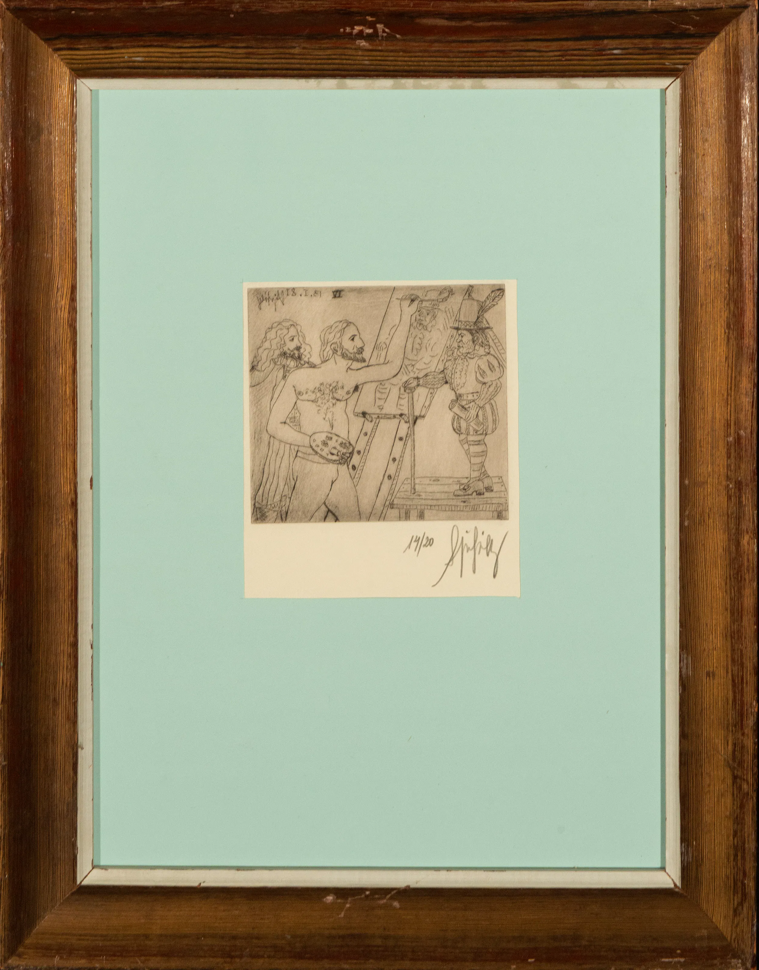 Painter with palette in front of figures, Lorenzo Ajo, painter from Alicante