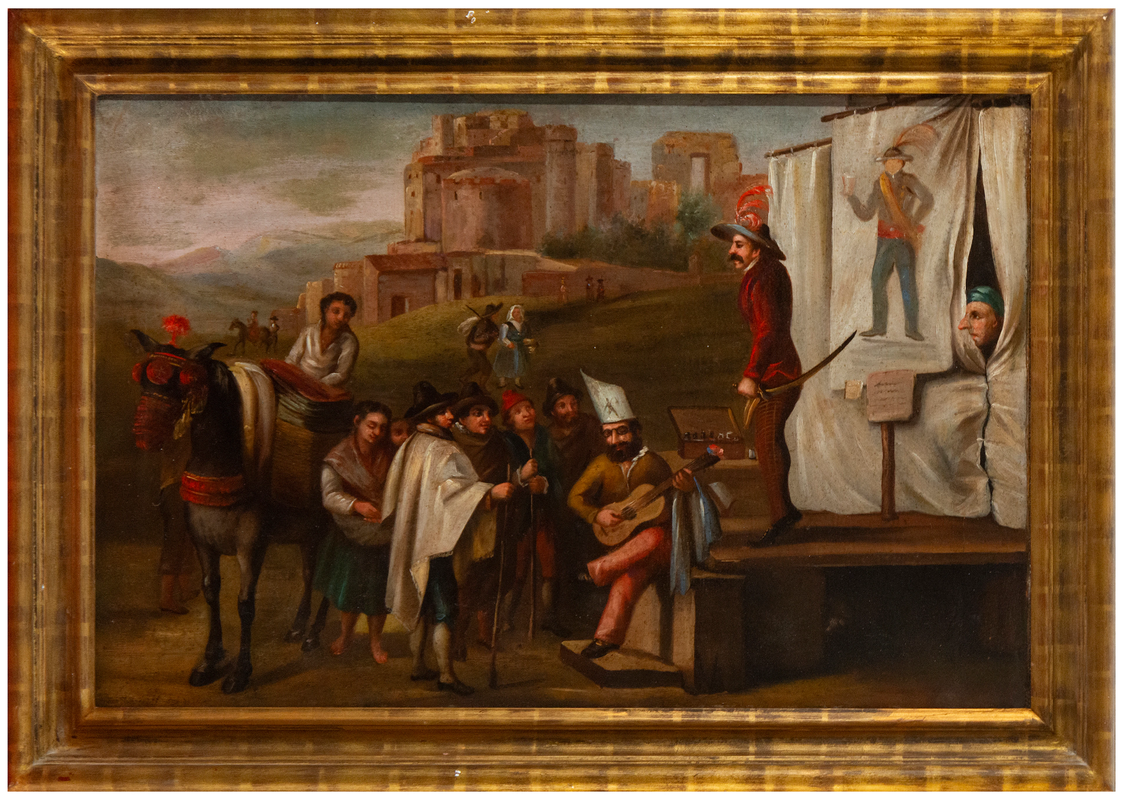 Scene of street performers in front of a fortress – Spanish School