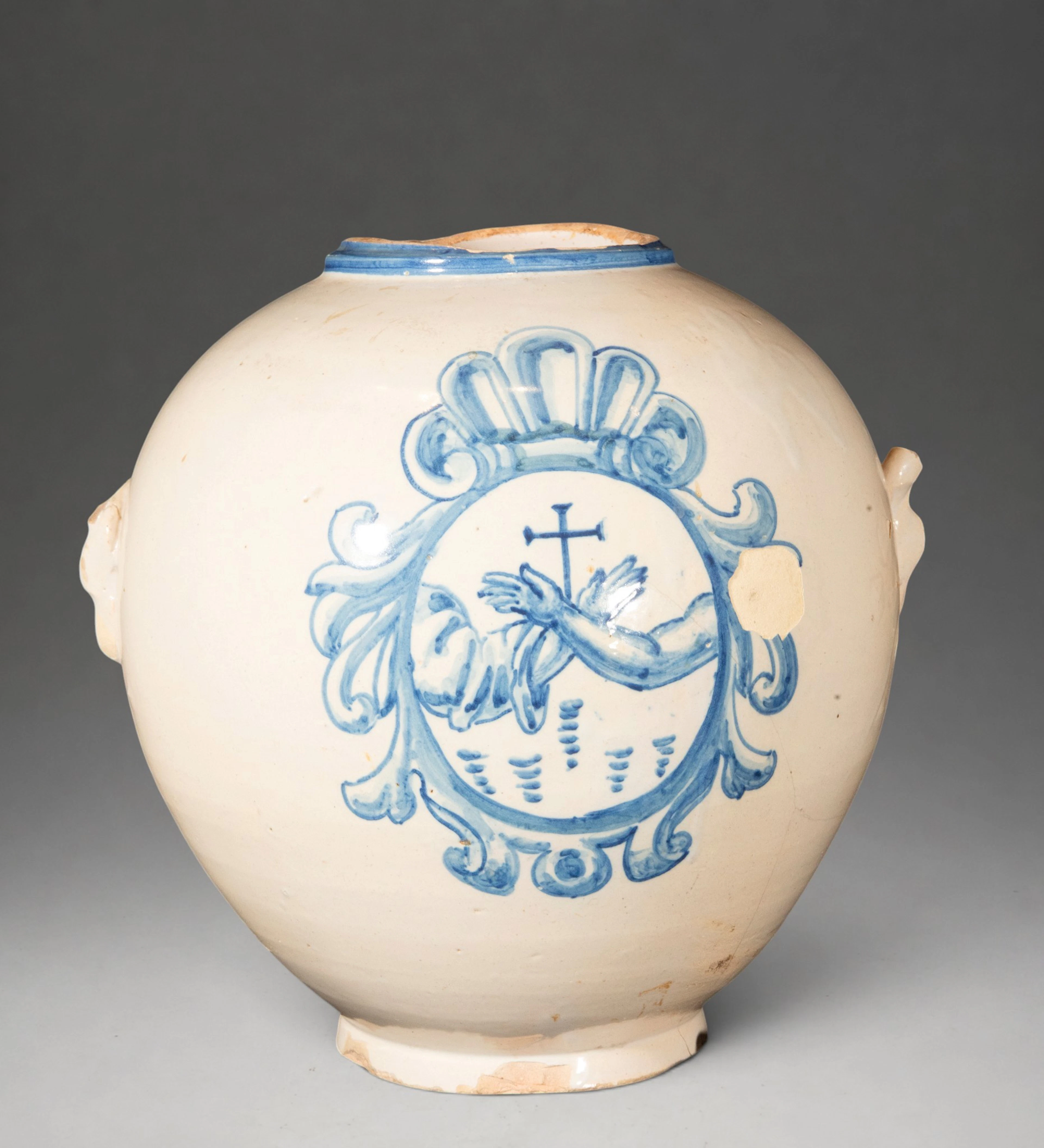 MANISES CERAMICS - Globular vessel with religious emblem in blue