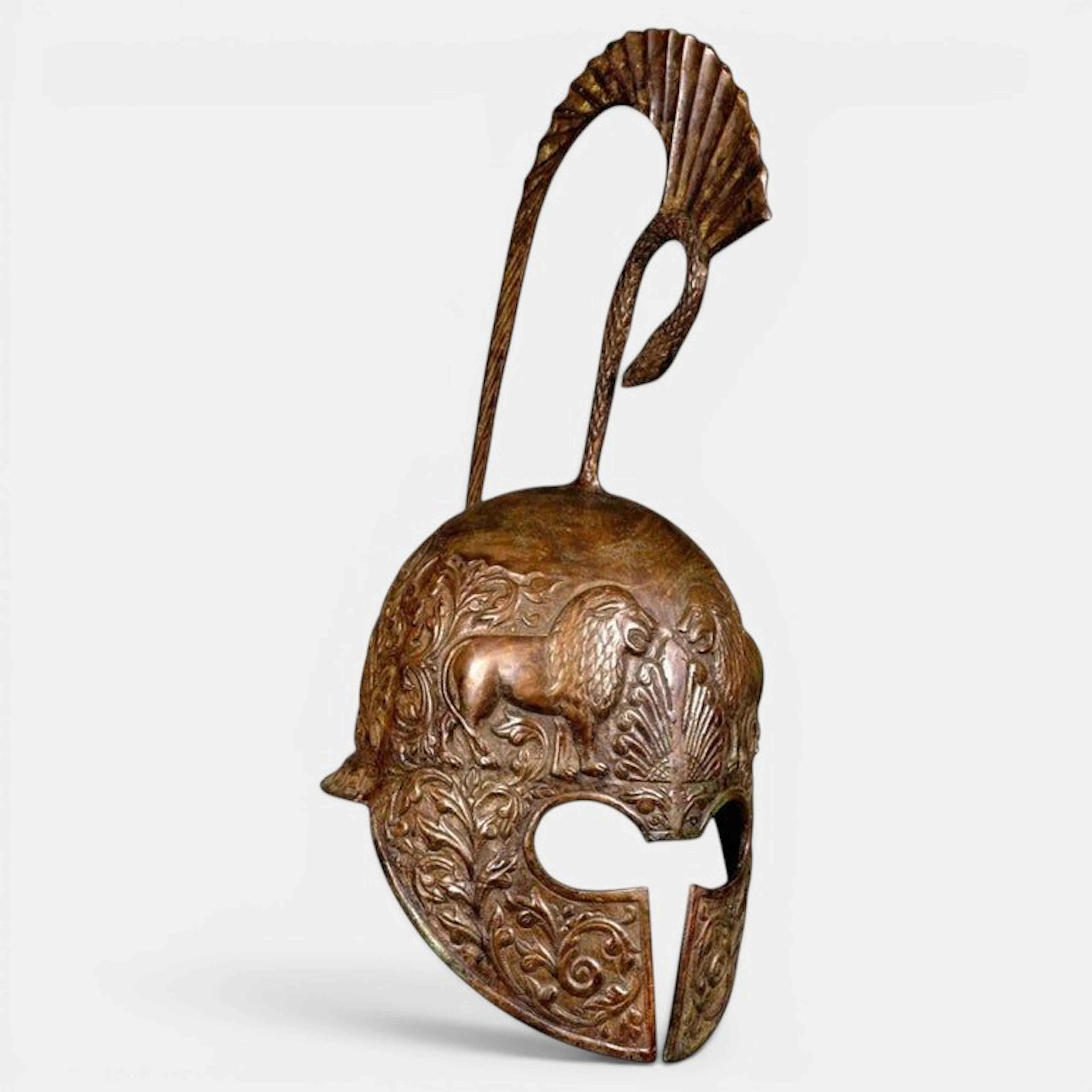Greco-Roman helmet decorated with lions. Classical Greco-Roman inspiration.
