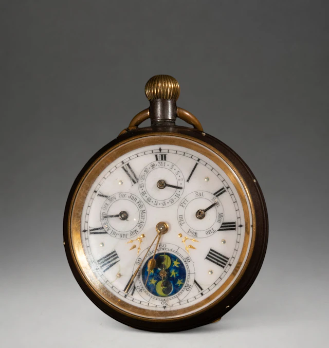 Pocket watch with calendar and moon phase