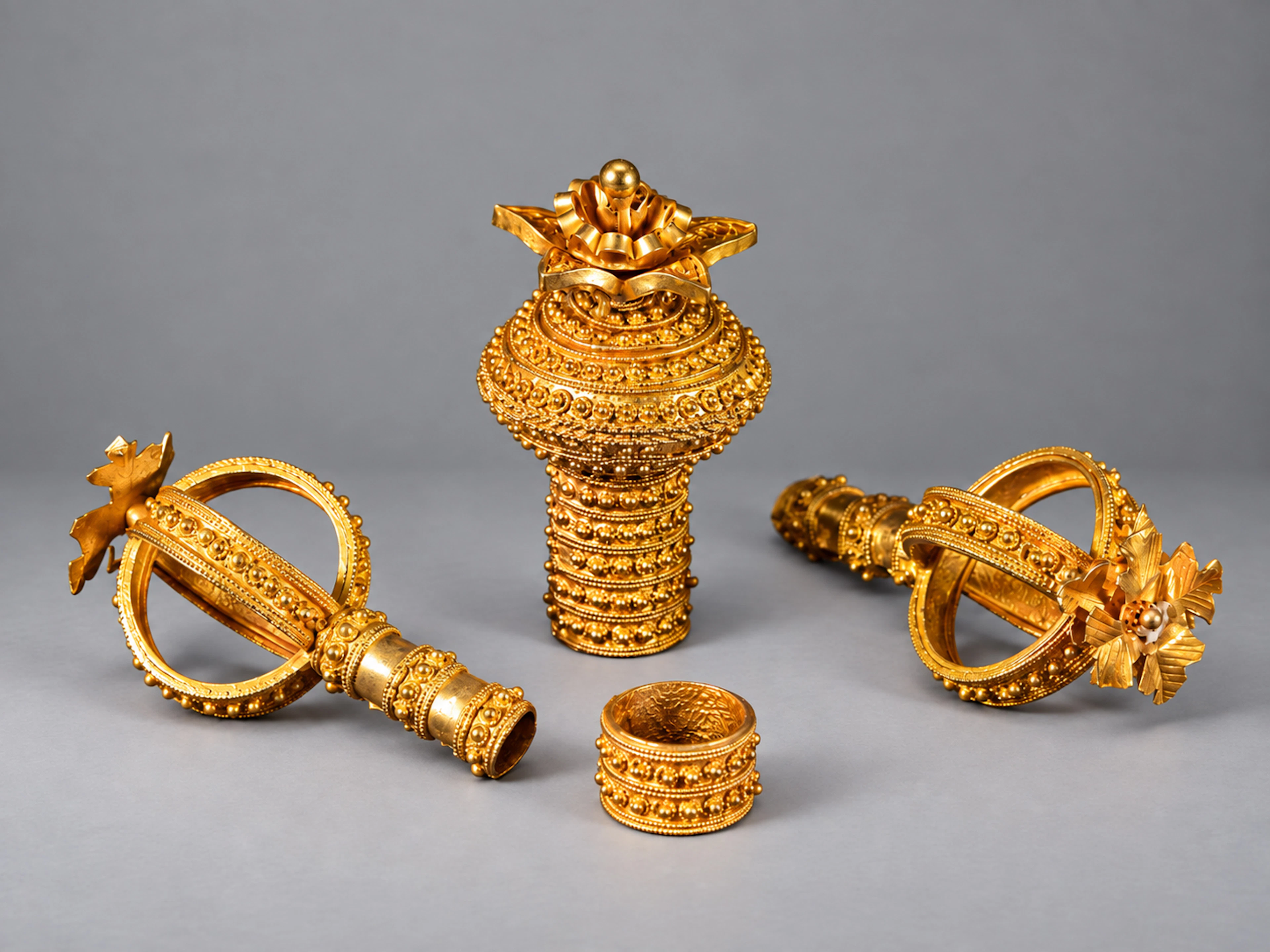 Exceptional lot of 22k fine gold Torah pointer handle and pair of