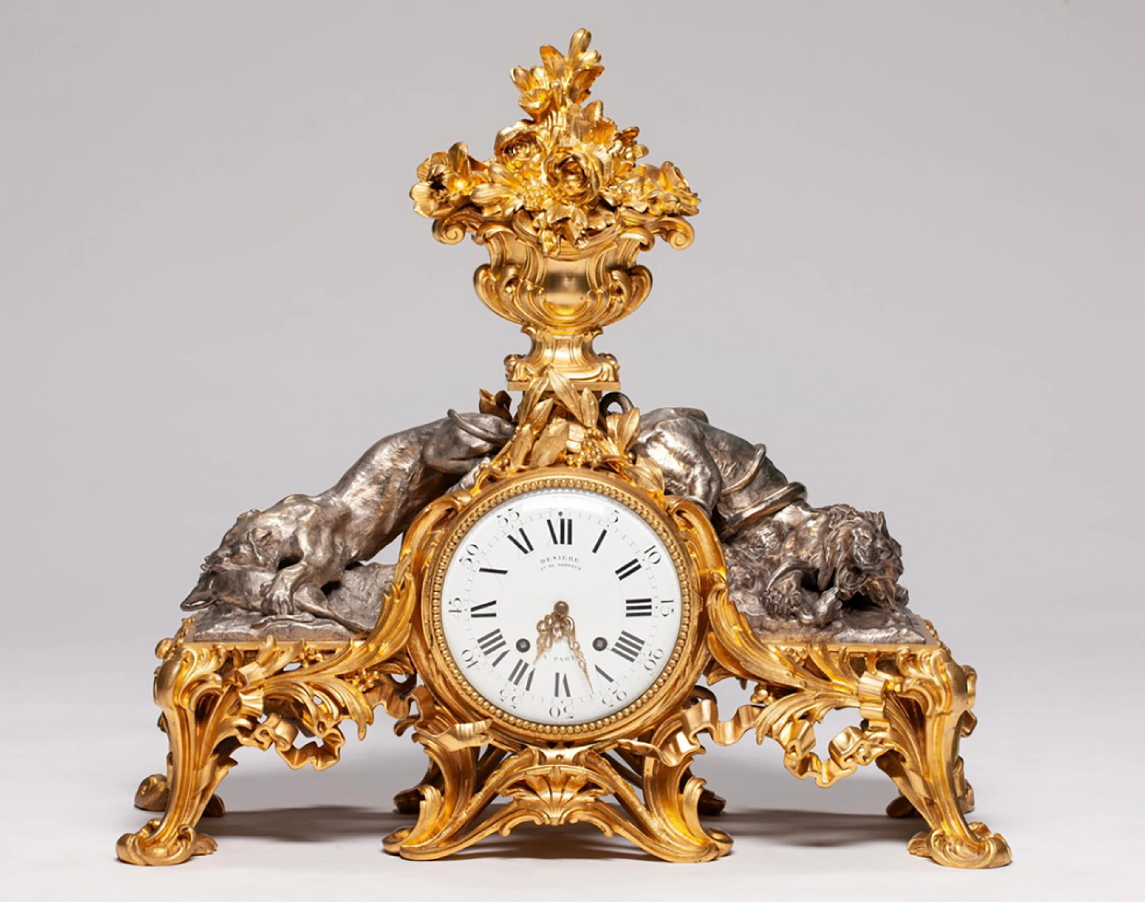 Denière double-faced Napoleon III-style mantel clock with hunting