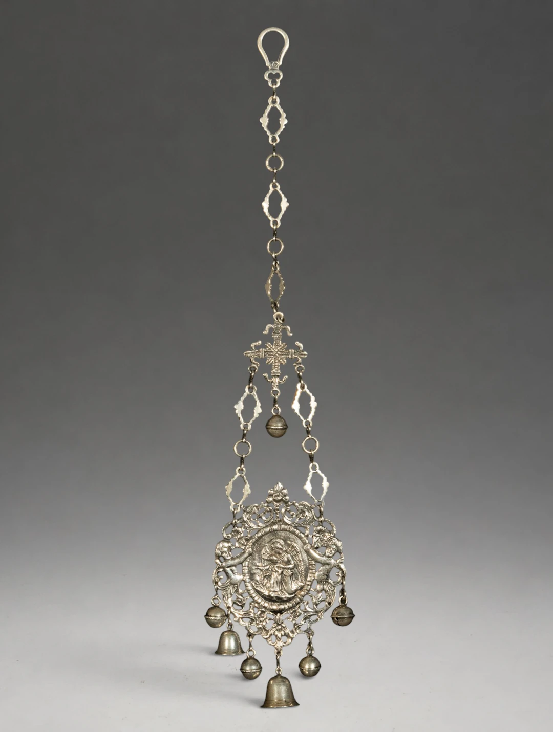 EXCEPTIONAL LARGE SILVER PENDANT RATTLE ARCHANGEL GABRIEL, 106G, 18TH-19TH
