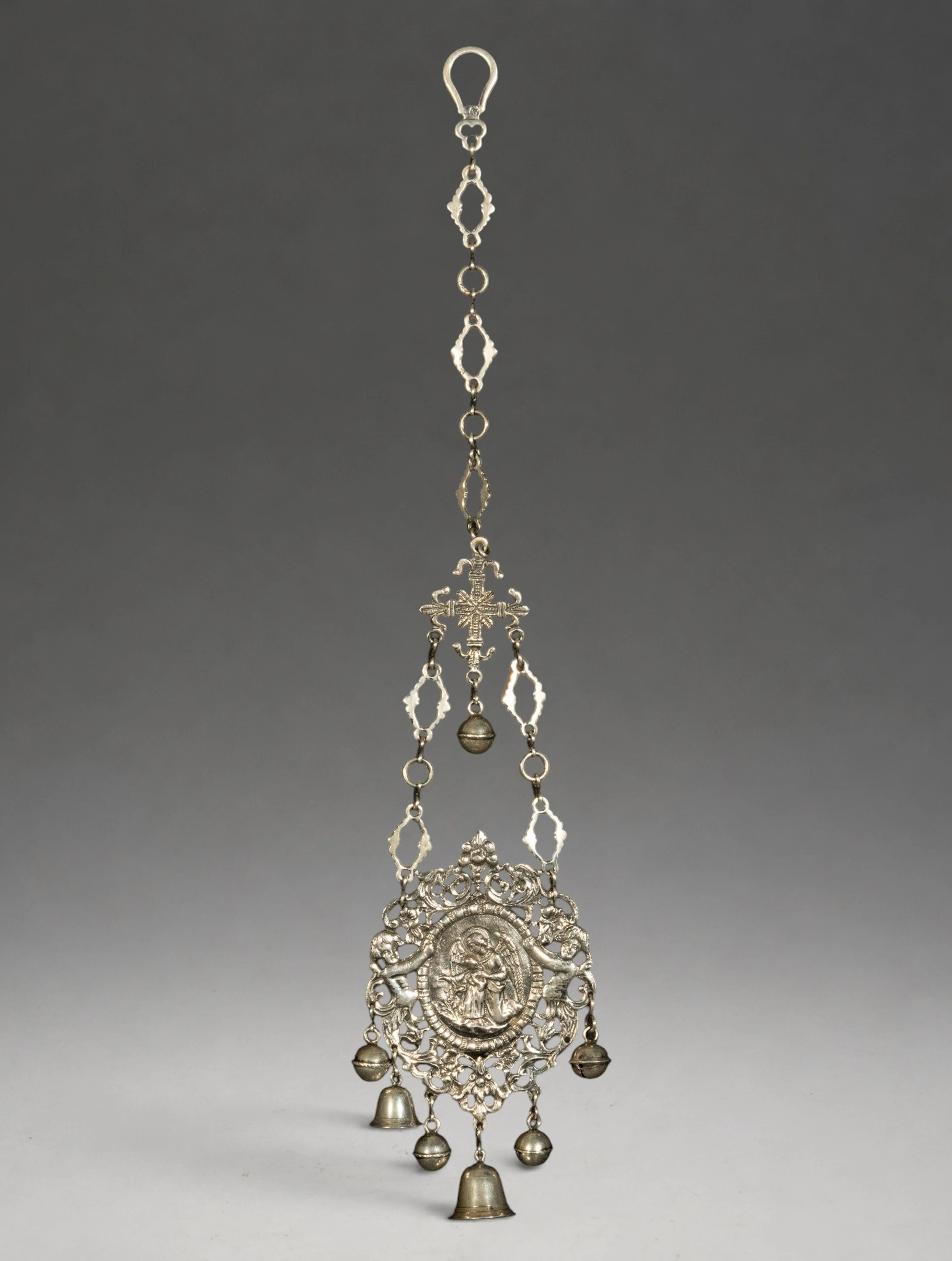 EXCEPTIONAL LARGE SILVER PENDANT RATTLE ARCHANGEL GABRIEL, 106G, 18TH-19TH