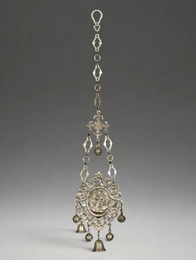 EXCEPTIONAL LARGE SILVER PENDANT RATTLE ARCHANGEL GABRIEL, 106G, 18TH-19TH
