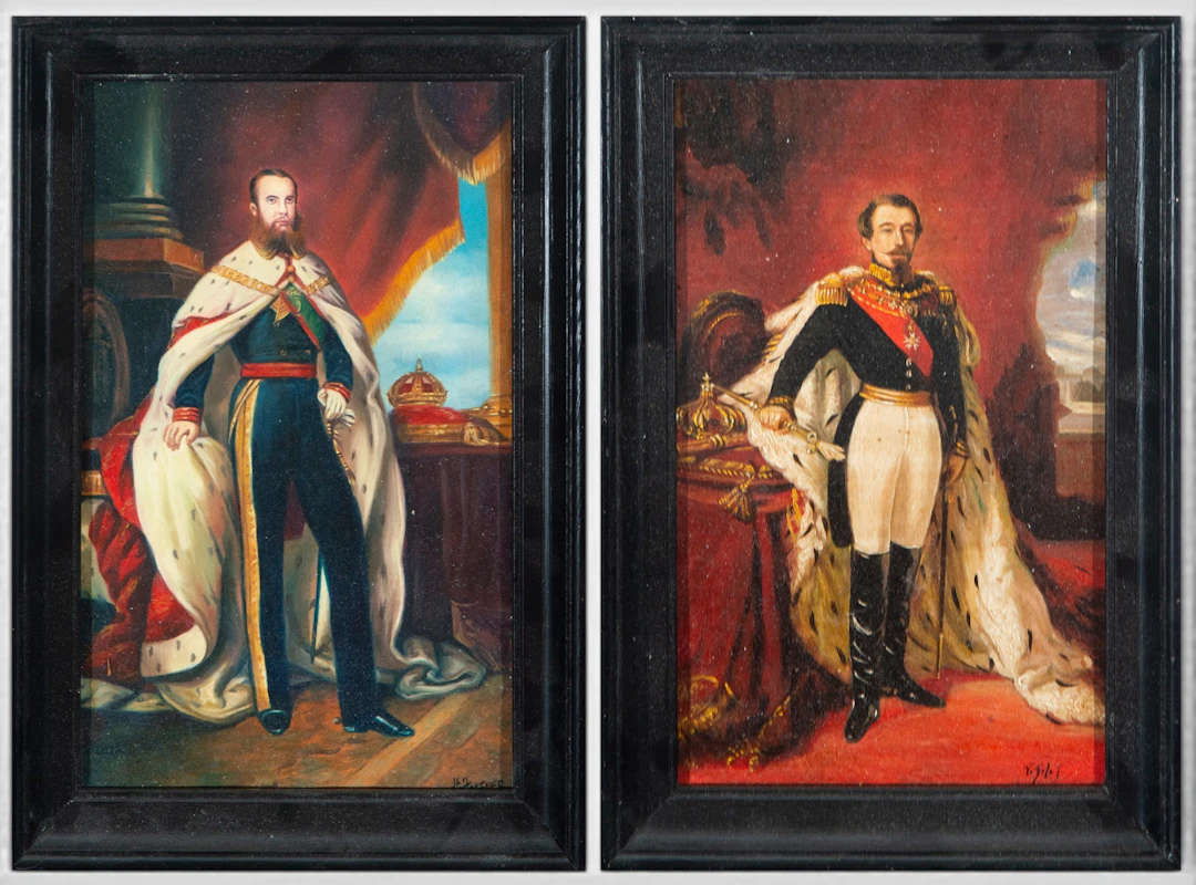 Pair of portraits of Maximilian of Habsburg and Napoleon III, signed