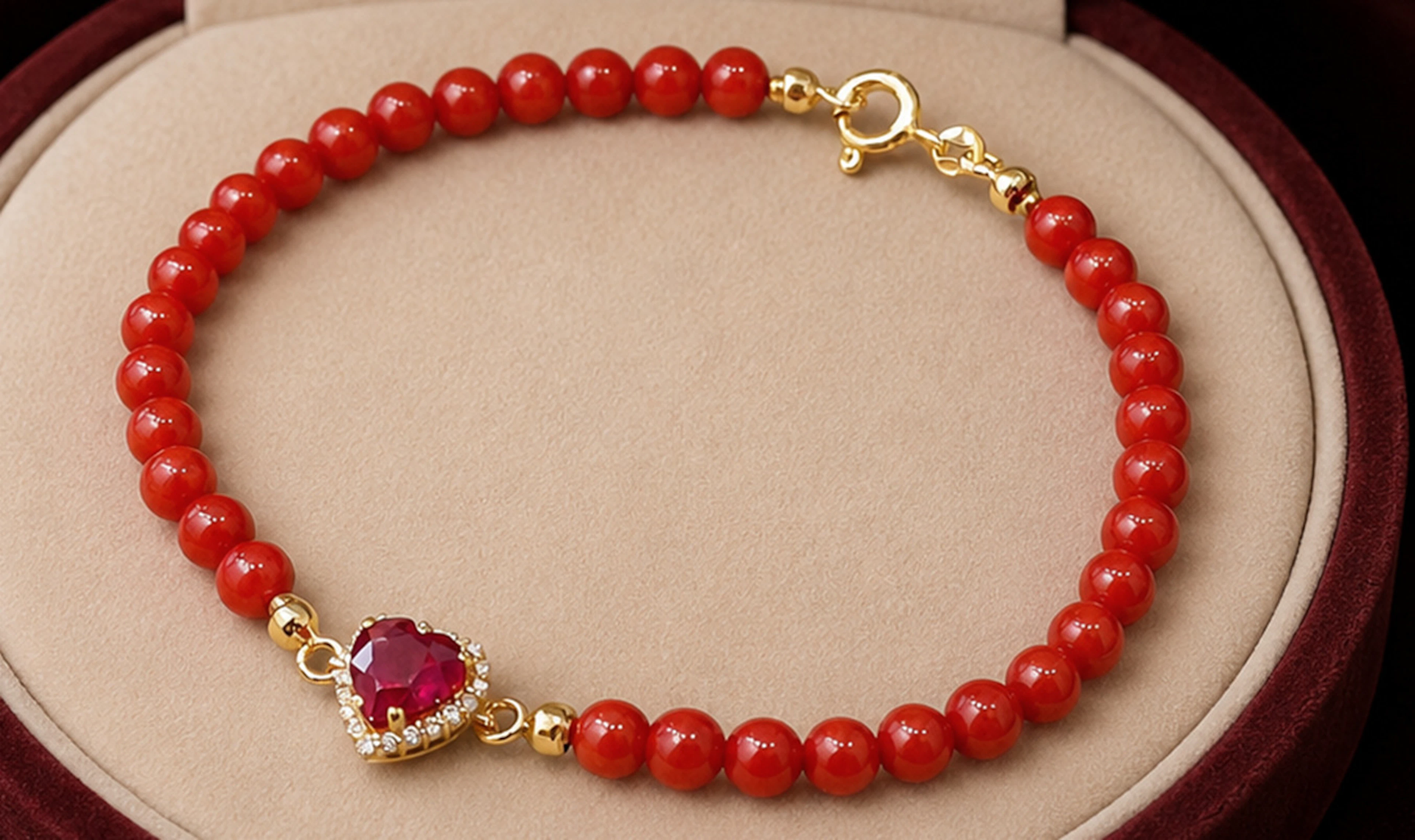 ELEGANT BRACELET WITH 32 CORALS AND A RUBY HEART CENTER AND NATURAL