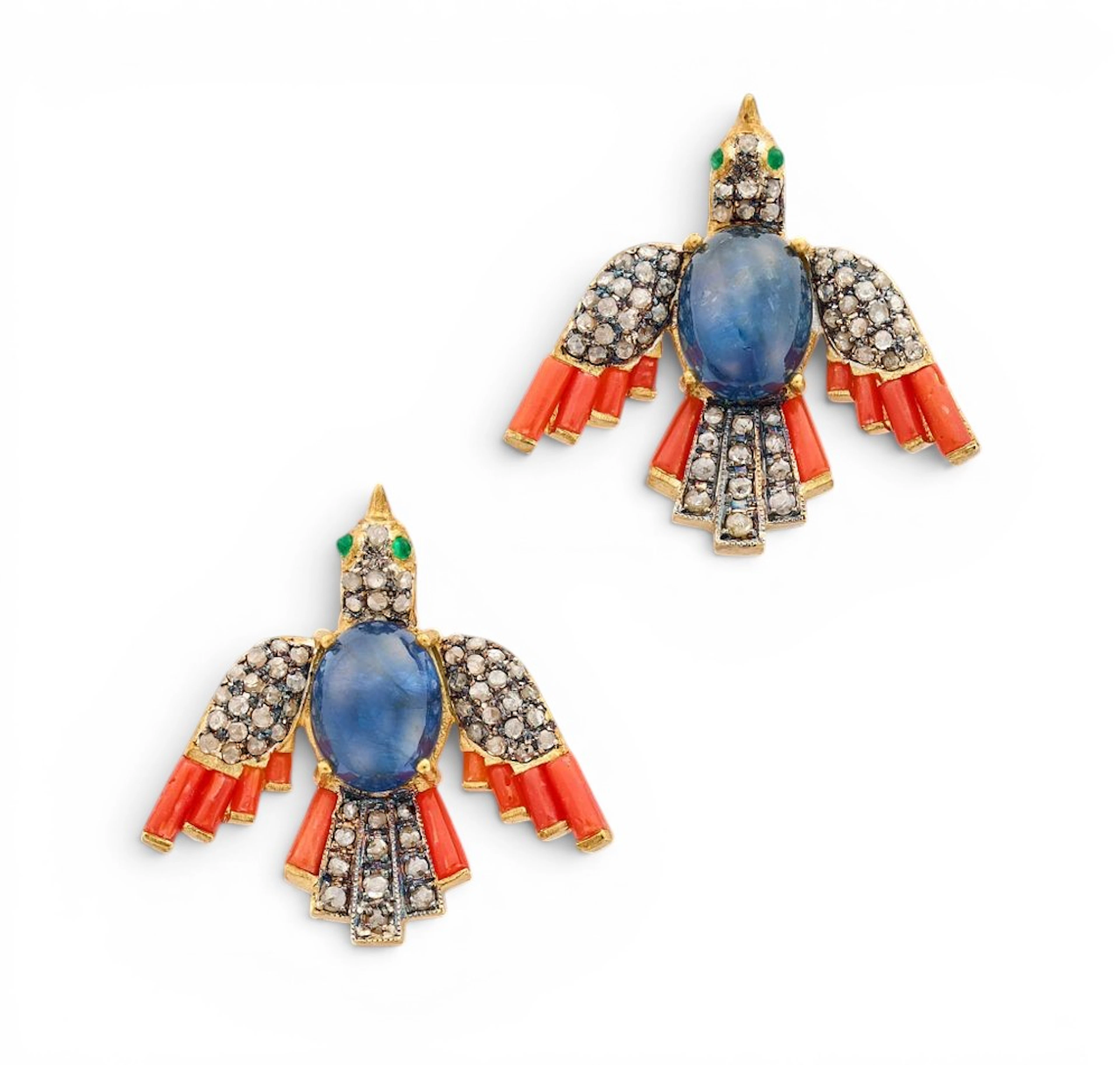 Pair of bird-shaped earrings with sapphires, coral and diamonds