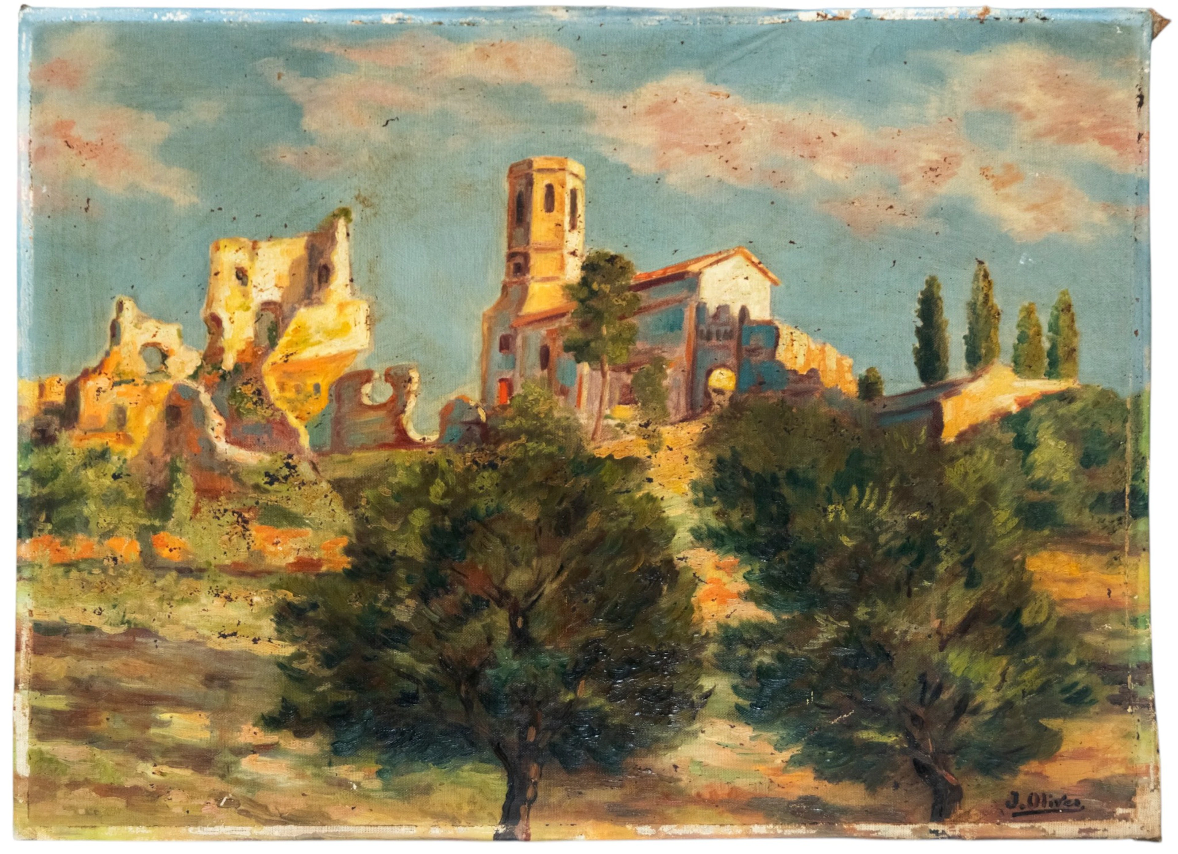 Village. J. Oliver, signed - Catalan school of the 19th-20th century