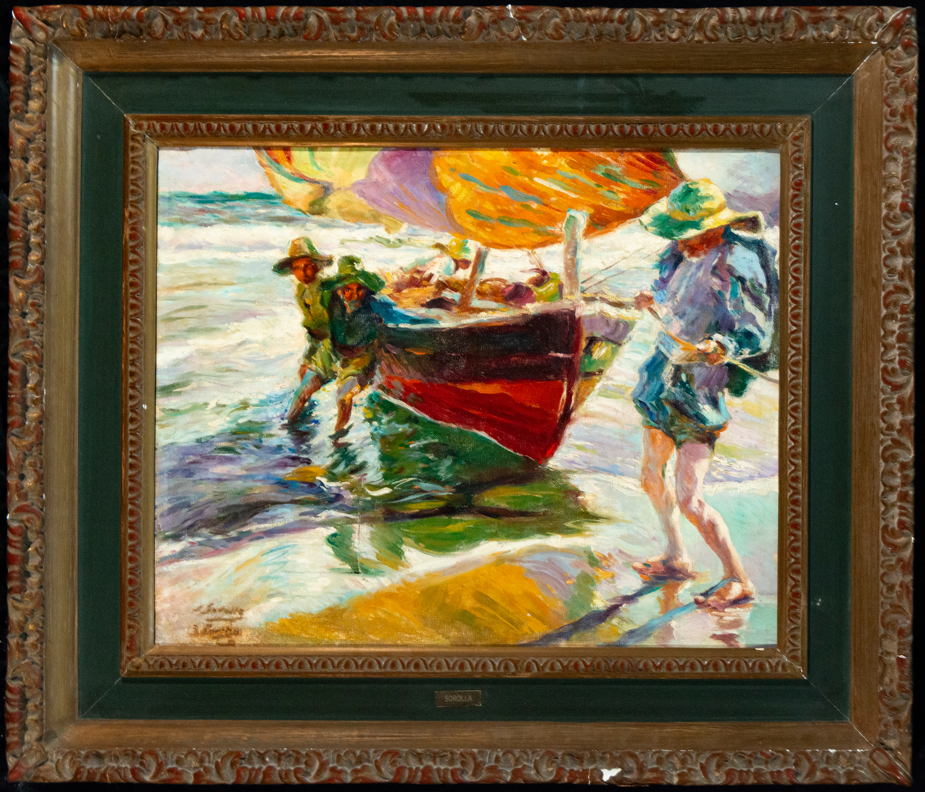 Beach scene with boat and fishermen, signed – following models of