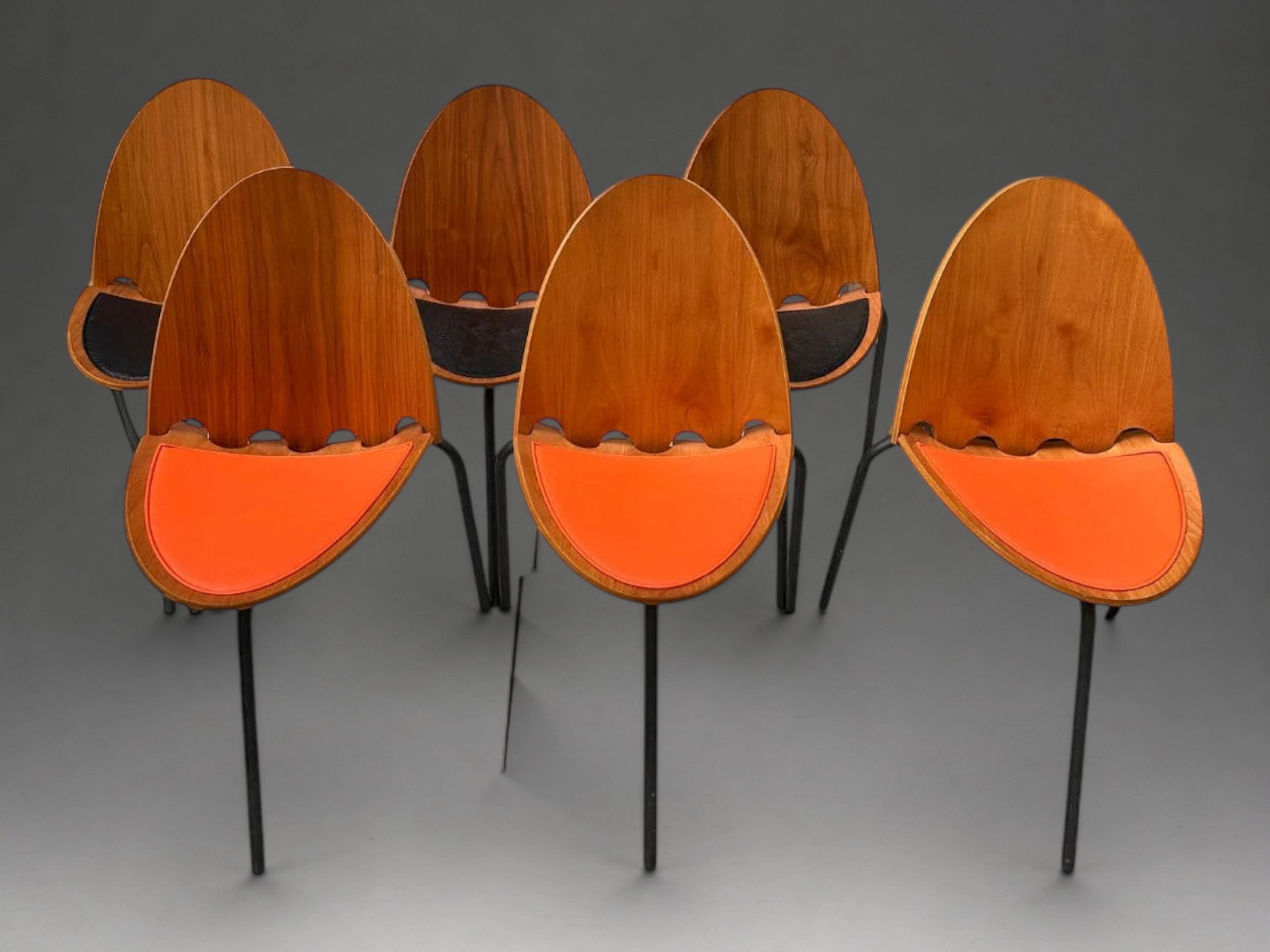 "A6" CHAIR SET, JOSEPH-ANDRÉ MOTTE FOR STEINER, WOOD AND LEATHER