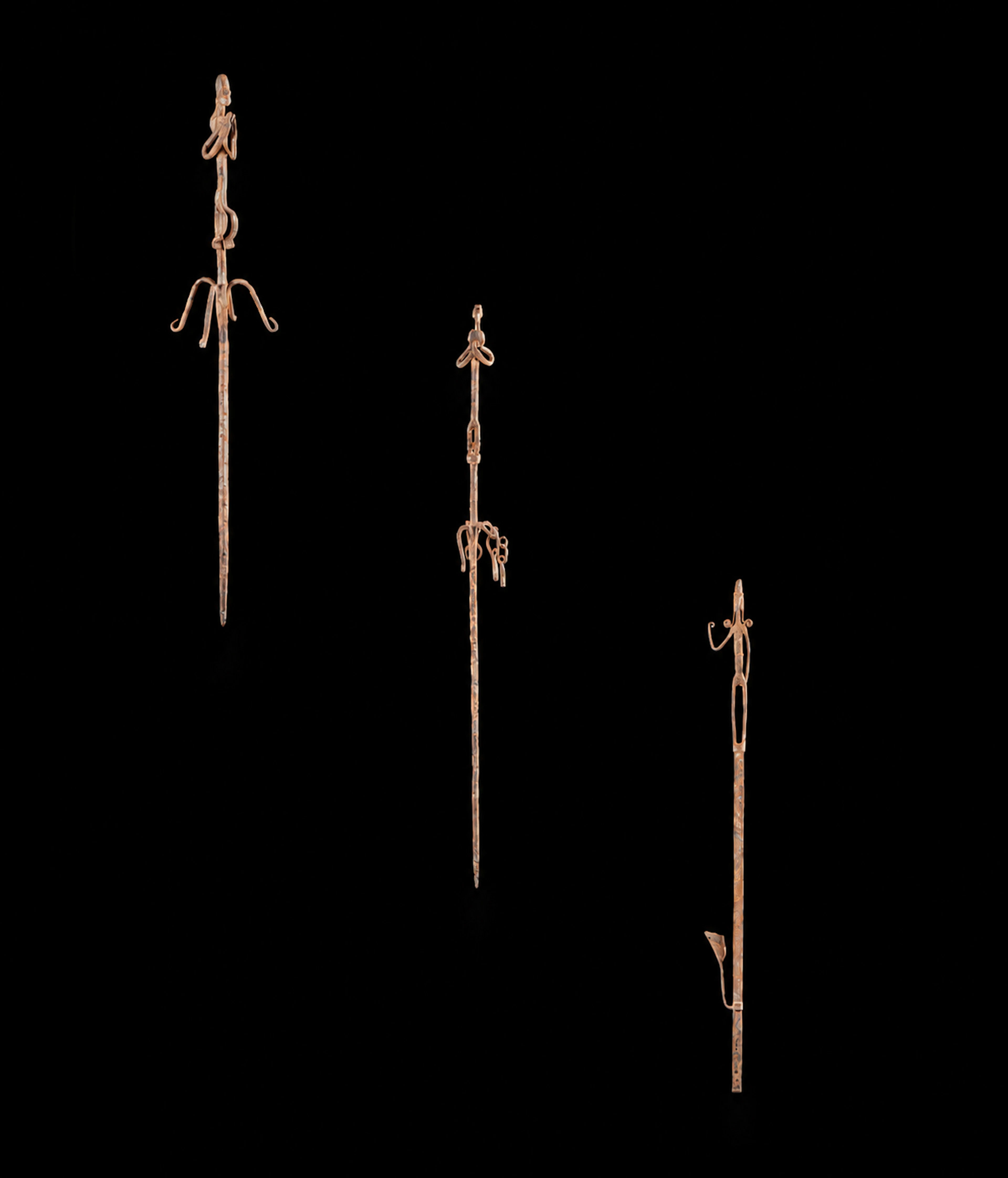 Three staffs of dignity topped with human figures, Bamana, Mali, 19th-20th