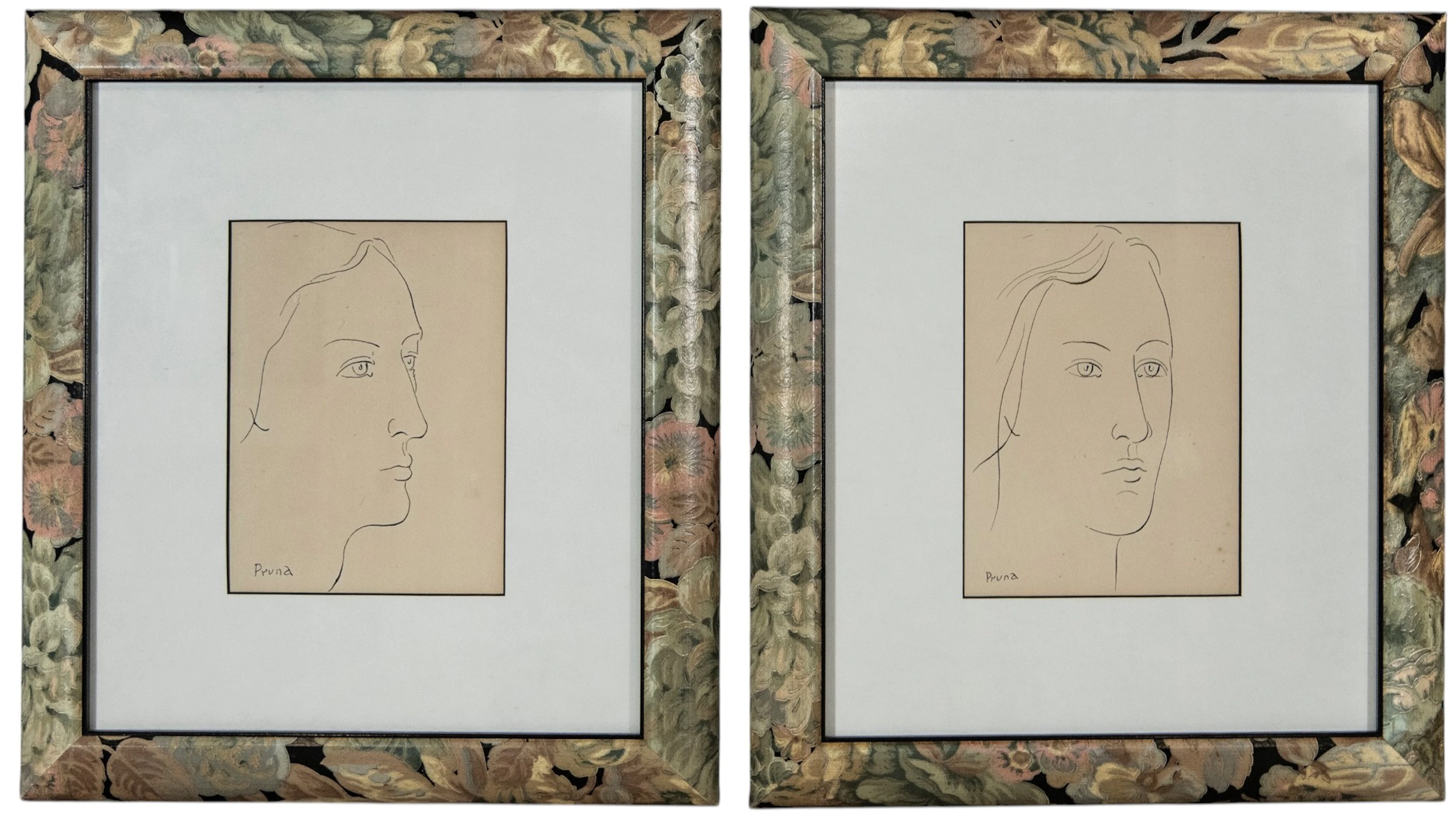 PERE PRUNA (Barcelona, ​​1904-1977) - Pair of portraits in ink on paper