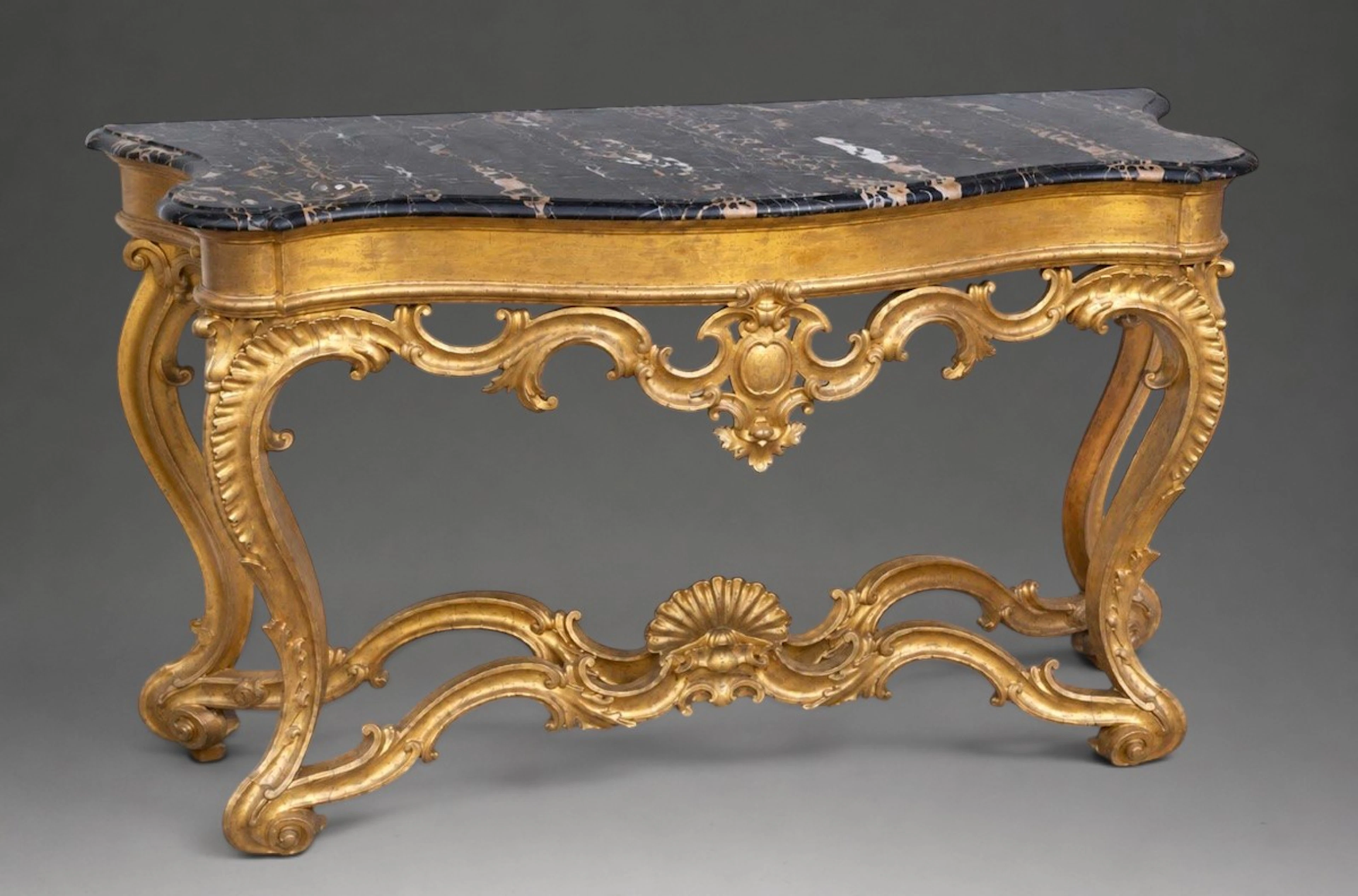 Roman console table in carved and gilded wood with a Nero Portoro