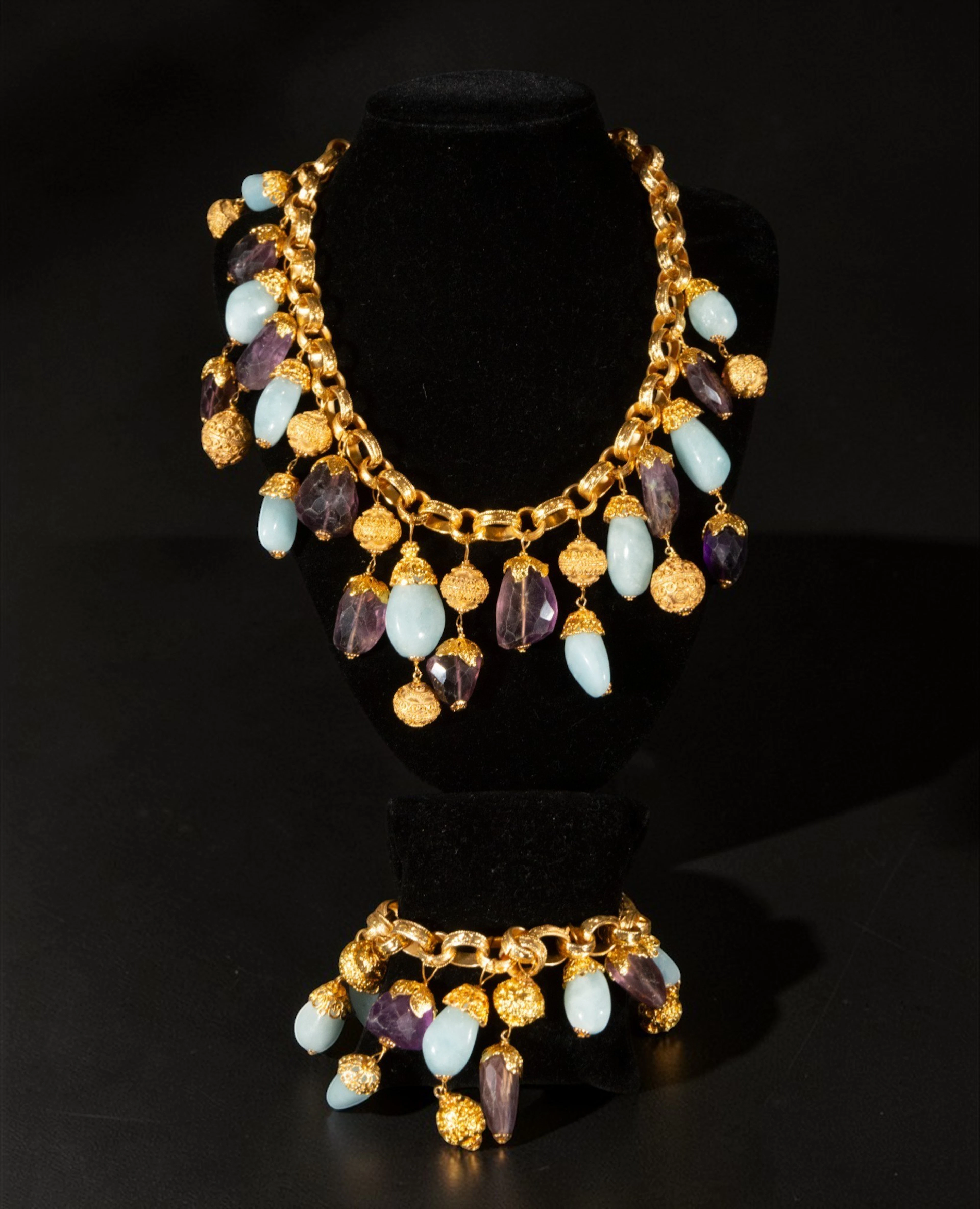 Gold-plated silver bracelet with charms and chalcedony