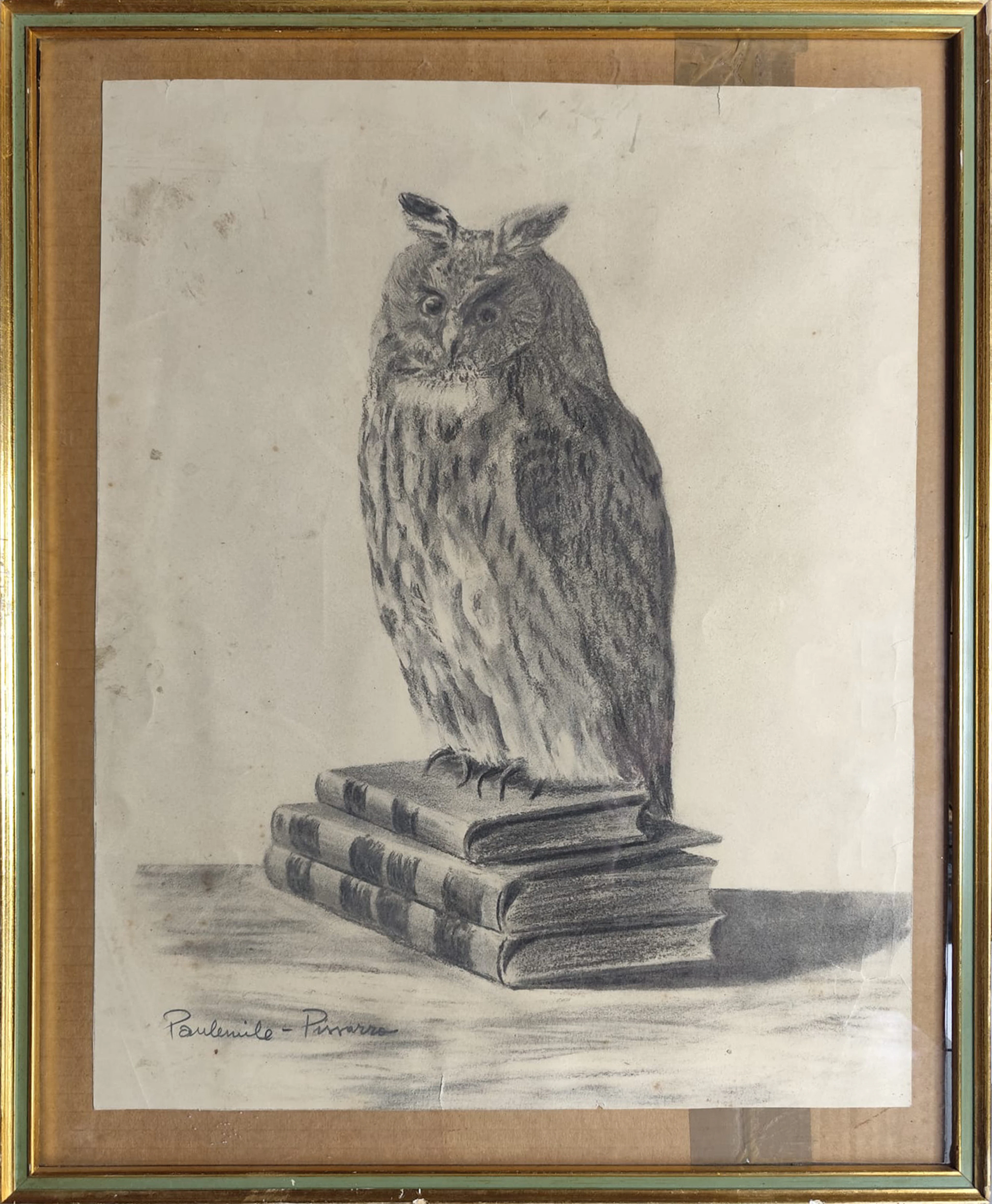 Owl in charcoal, signed Paulemille Pissarro