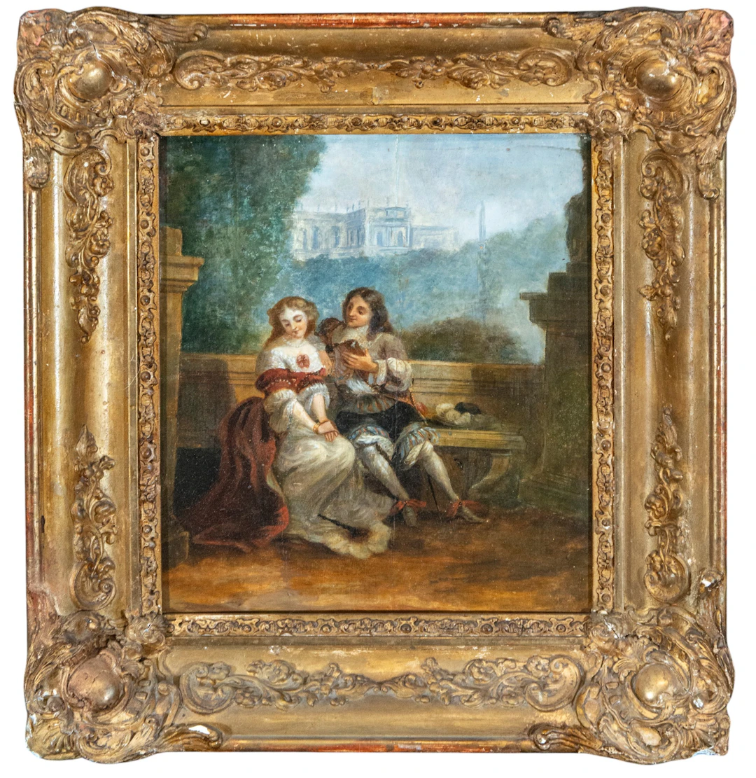 Gallant scene with a couple in a garden – French Romantic School – 19th century