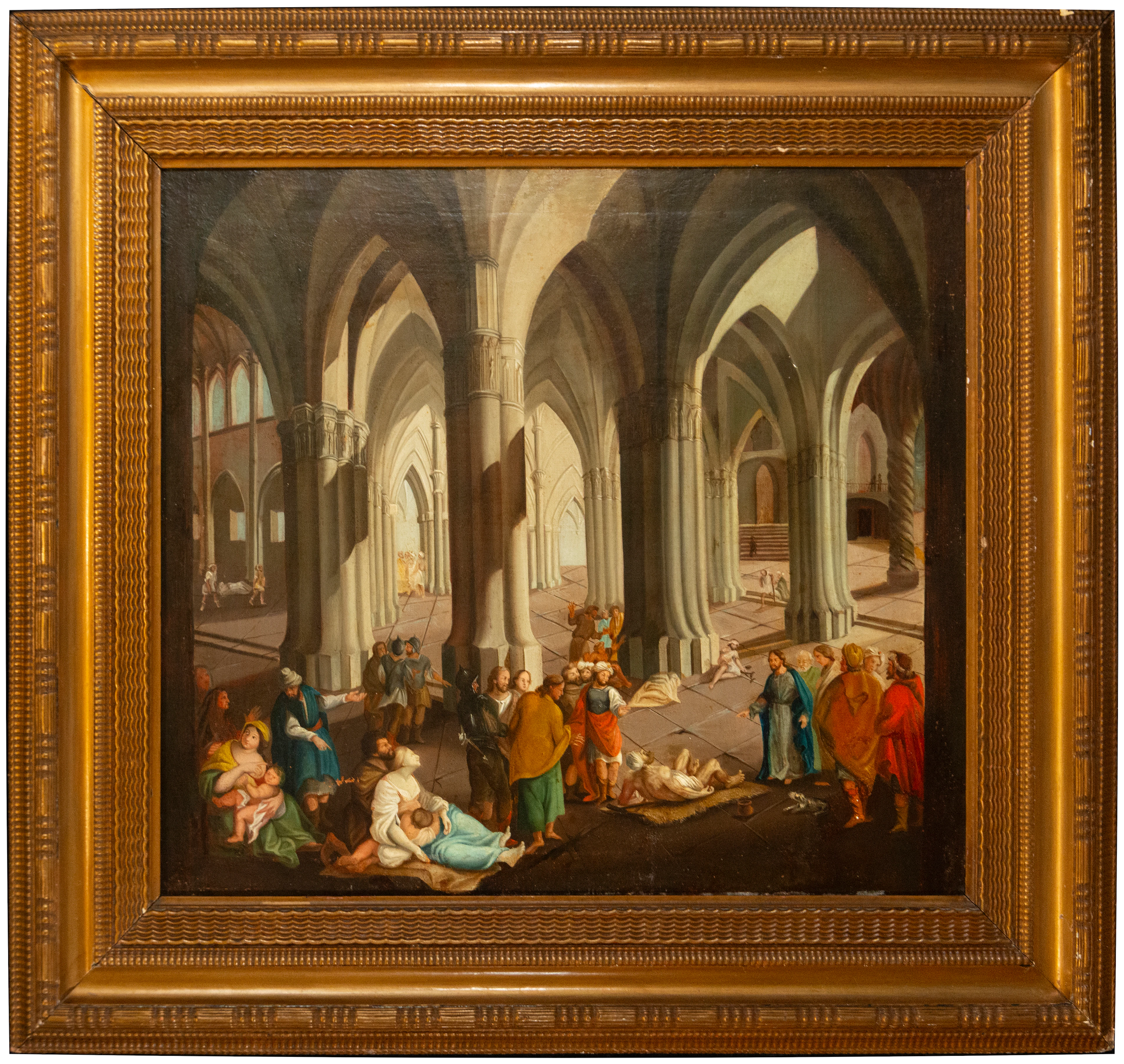 Interior of a Gothic church with figures – French School – 19th century