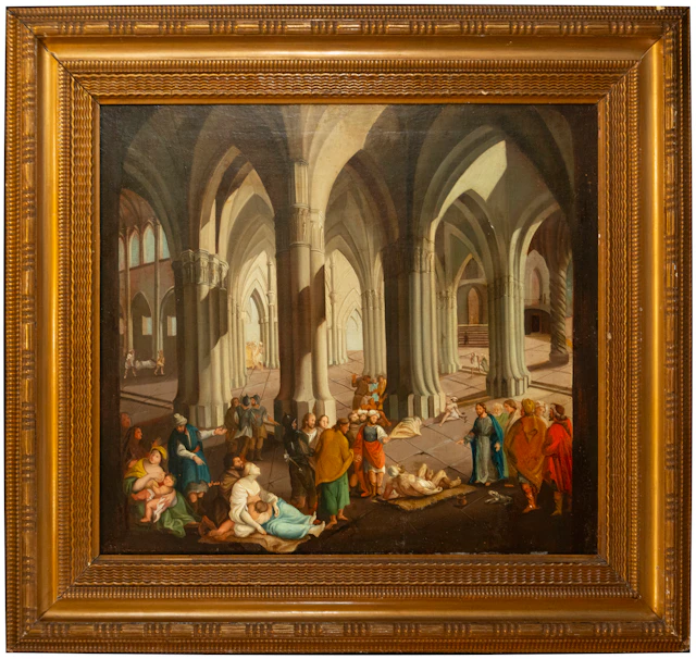 Interior of a Gothic church with figures – French School – 19th century