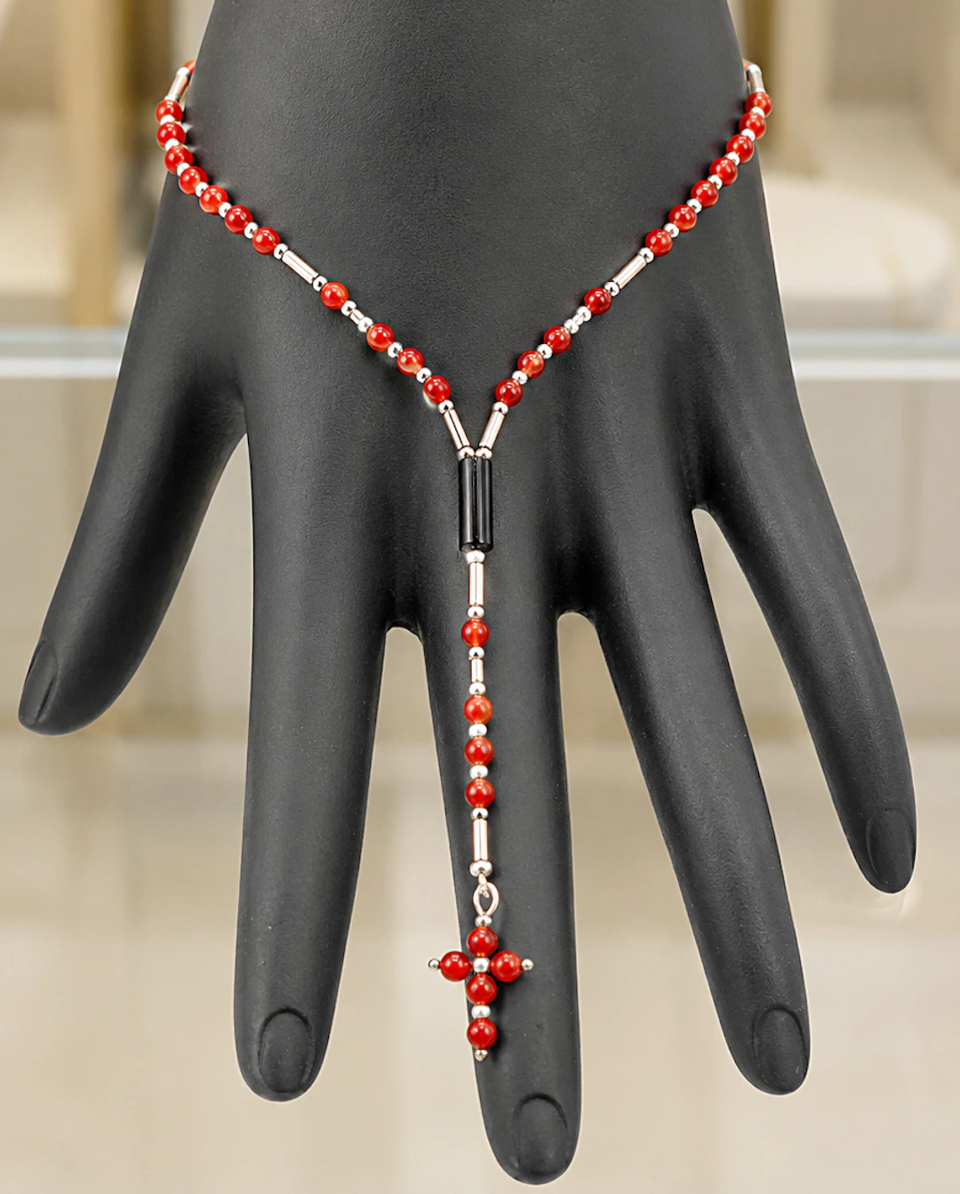 Italian rosary made of natural red and black coral with 925 sterling silver