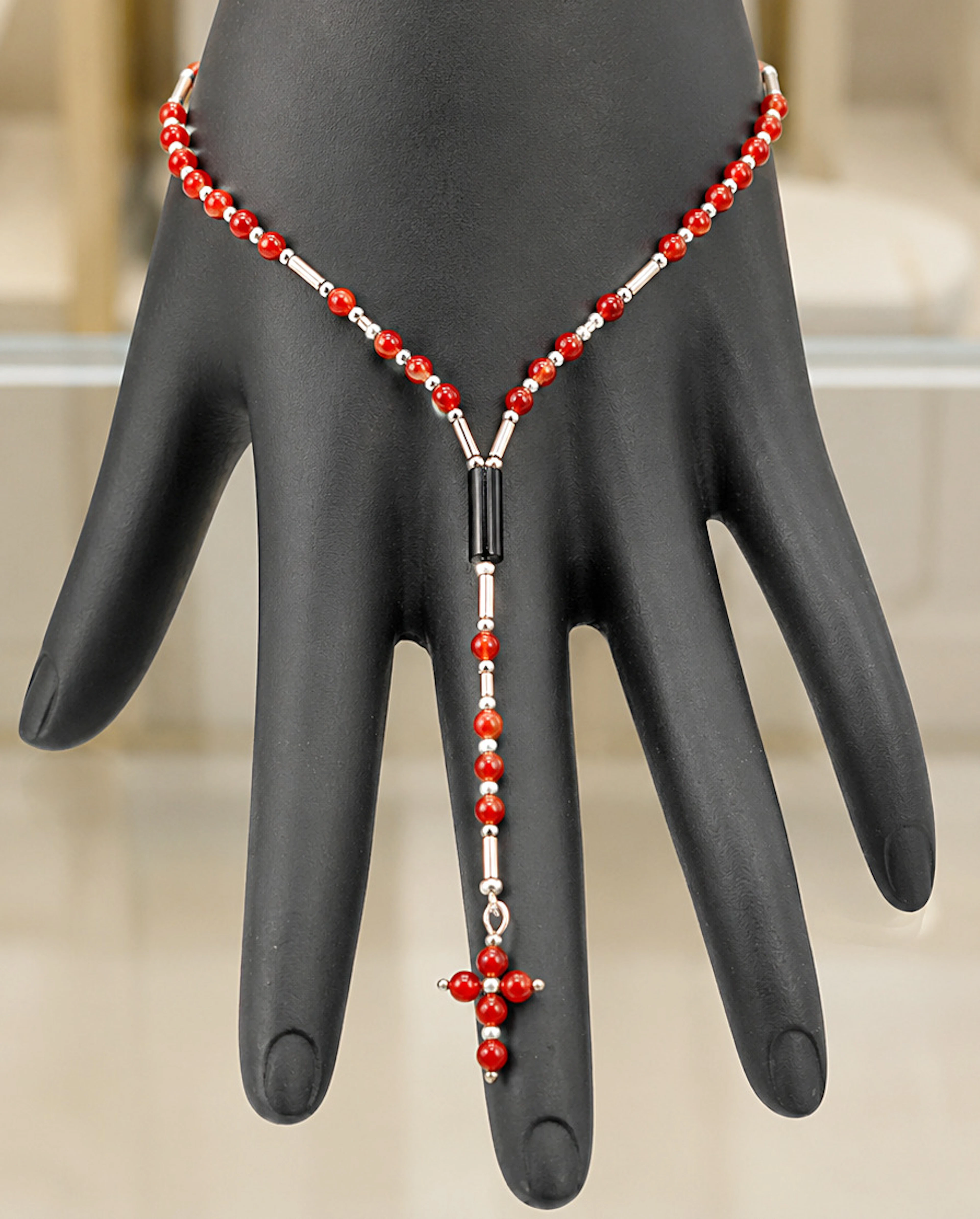 Italian rosary made of natural red and black coral with 925 sterling silver