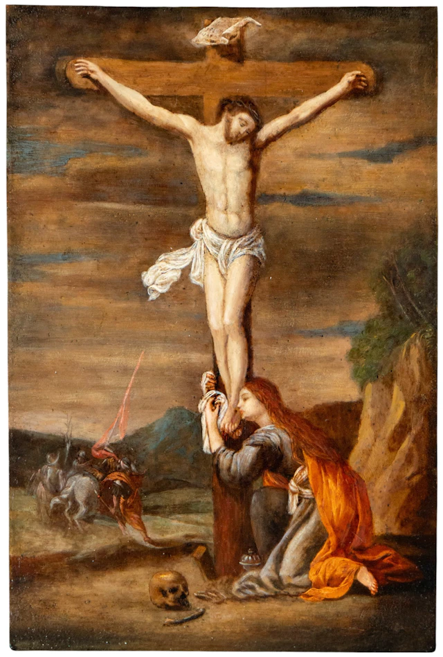 Mary Magdalene at the feet of the crucified Christ – Italo-Flemish