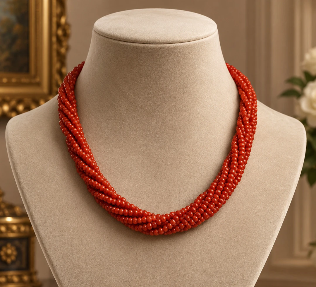 Vintage necklace made of natural red coral from Sardinia with 10 strands.