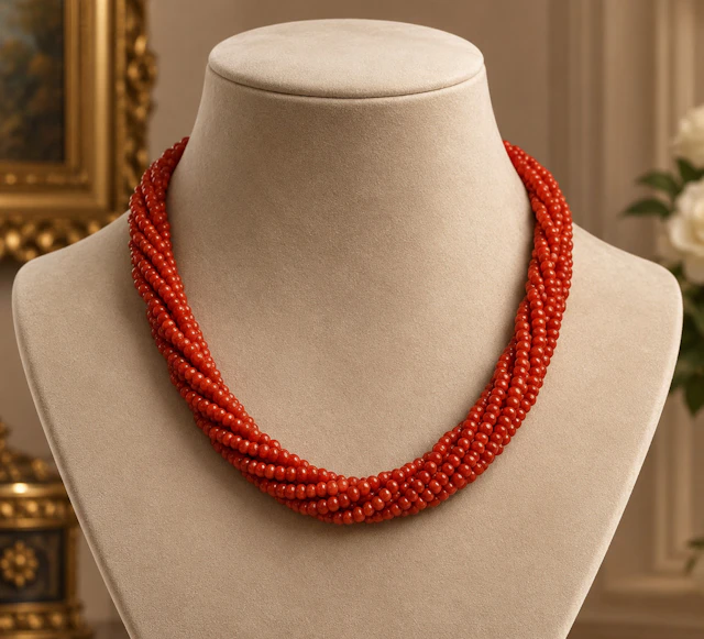 Vintage necklace made of natural red coral from Sardinia with 10 strands.