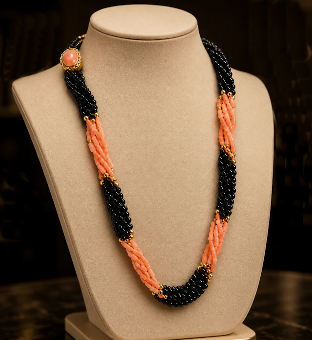 LARGE VINTAGE NECKLACE OF ANGEL SKIN CORAL AND BLACK ONYX.