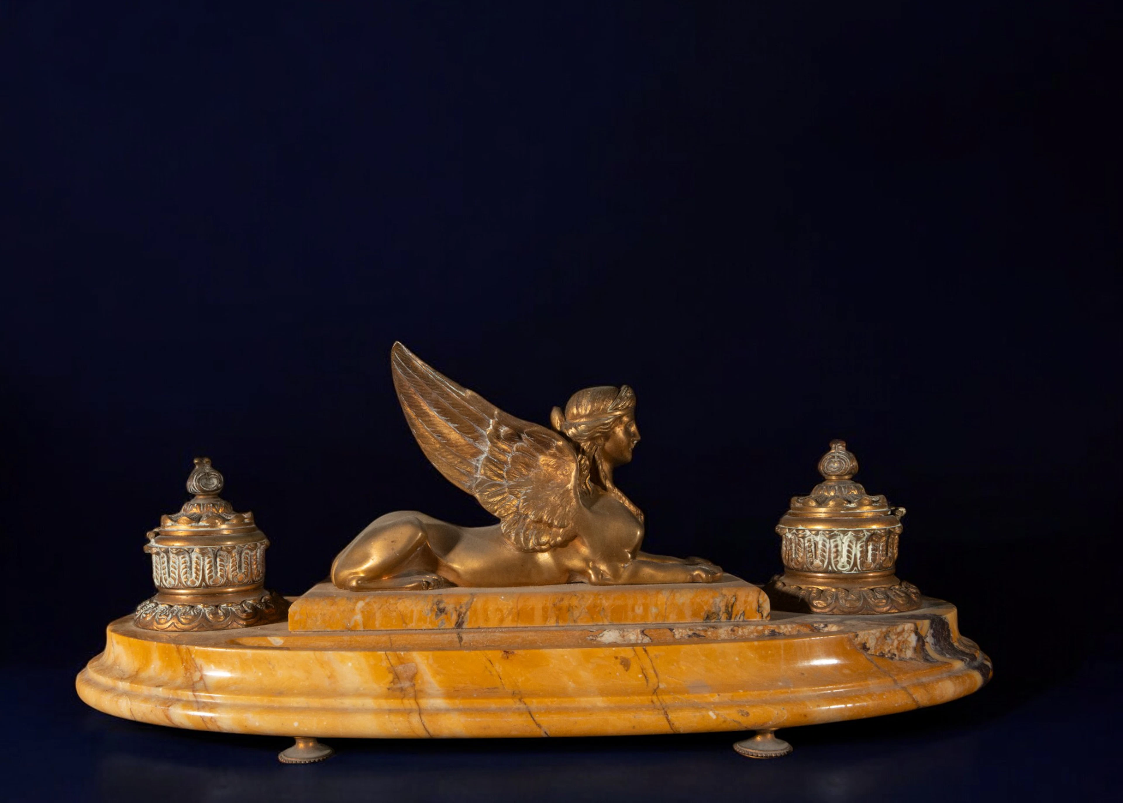 19th-Century Marble and Bronze Inkwell with Reclining Sphinx