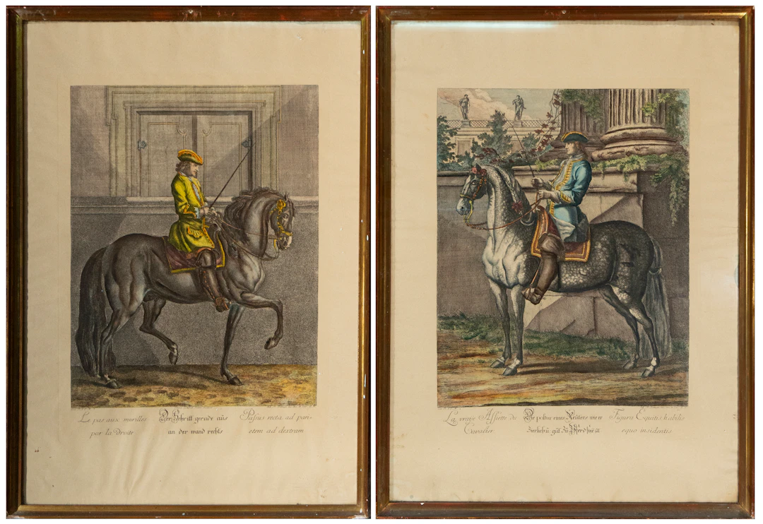 Pair of equestrian prints: Le pas aux murailles par la Droite and