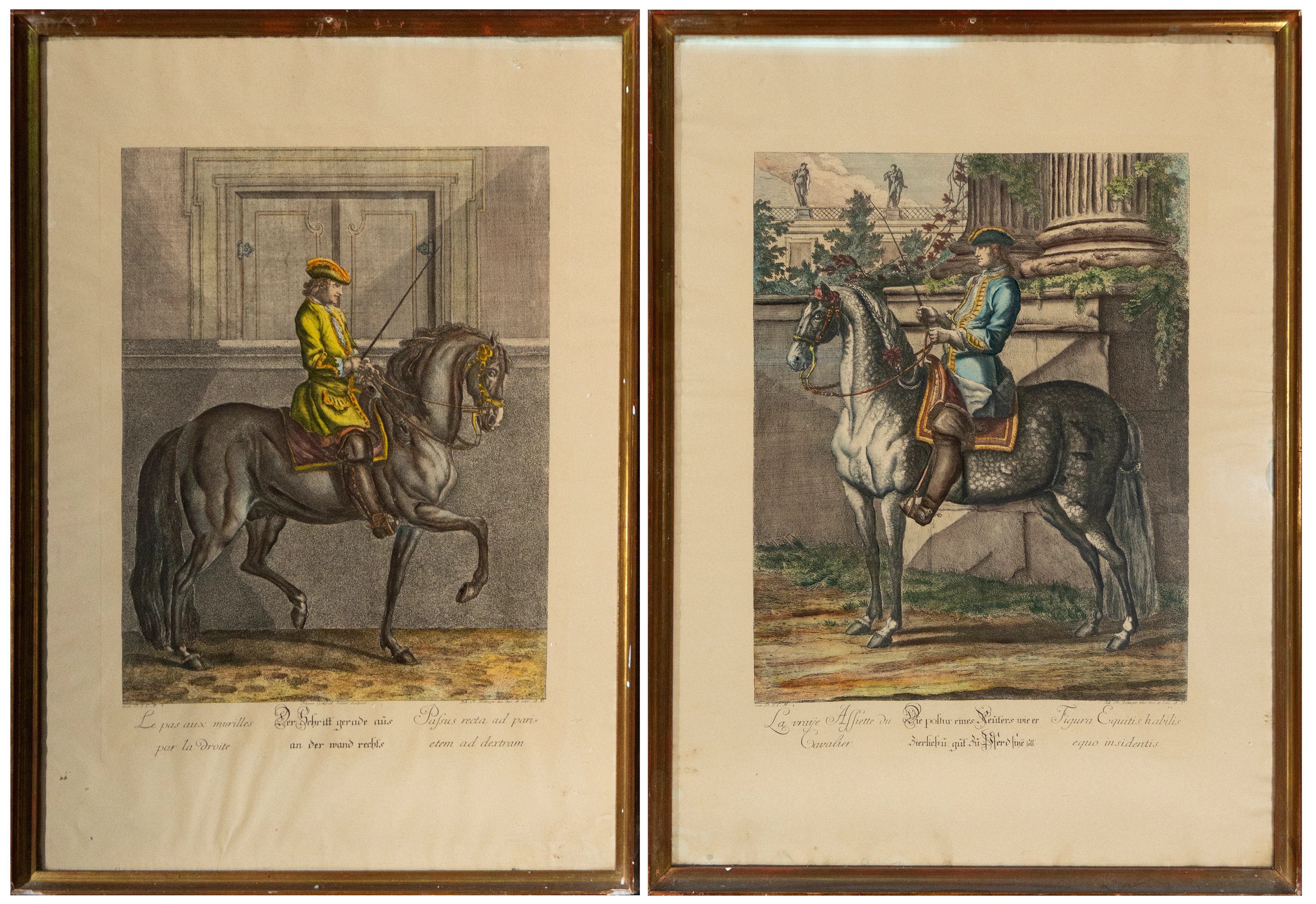 Pair of equestrian prints: Le pas aux murailles par la Droite and