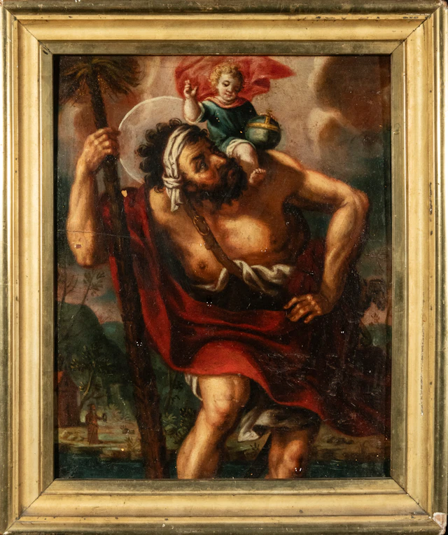 18th Century Mexican Colonial School - Saint Christopher Carrying