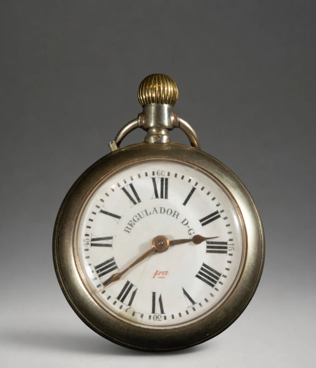 Pocket watch with Roman numeral dial and metal case