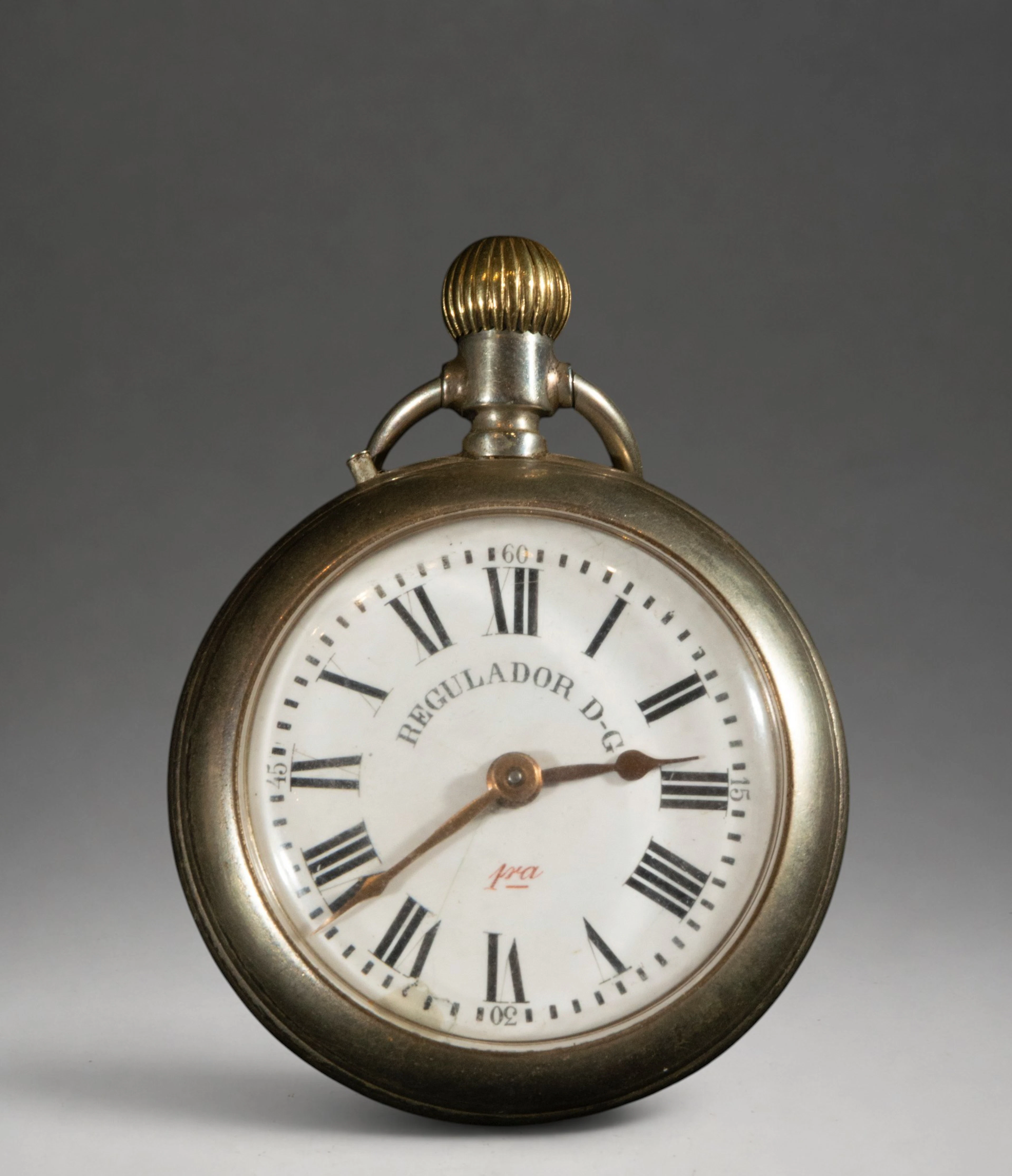 Pocket watch with Roman numeral dial and metal case