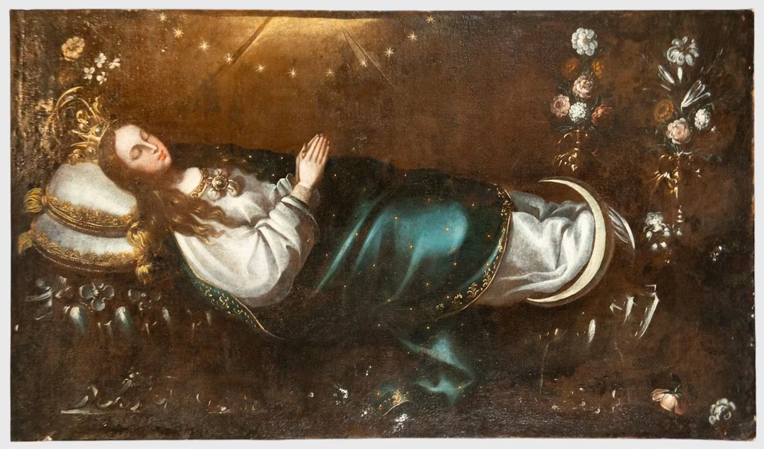 Large Sleeping Virgin - 17th Century Mexican Colonial Painter