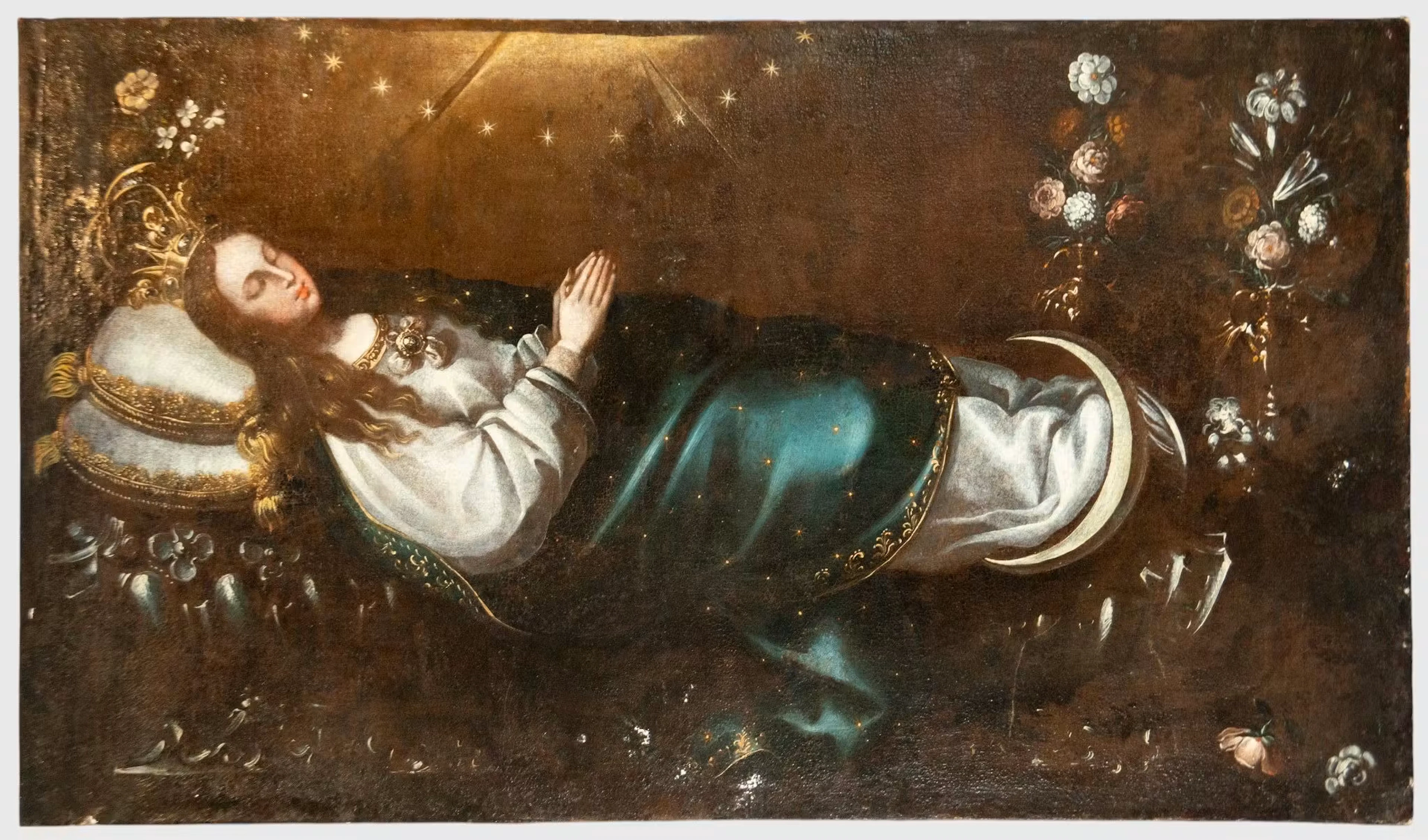 Large Sleeping Virgin - 17th Century Mexican Colonial Painter