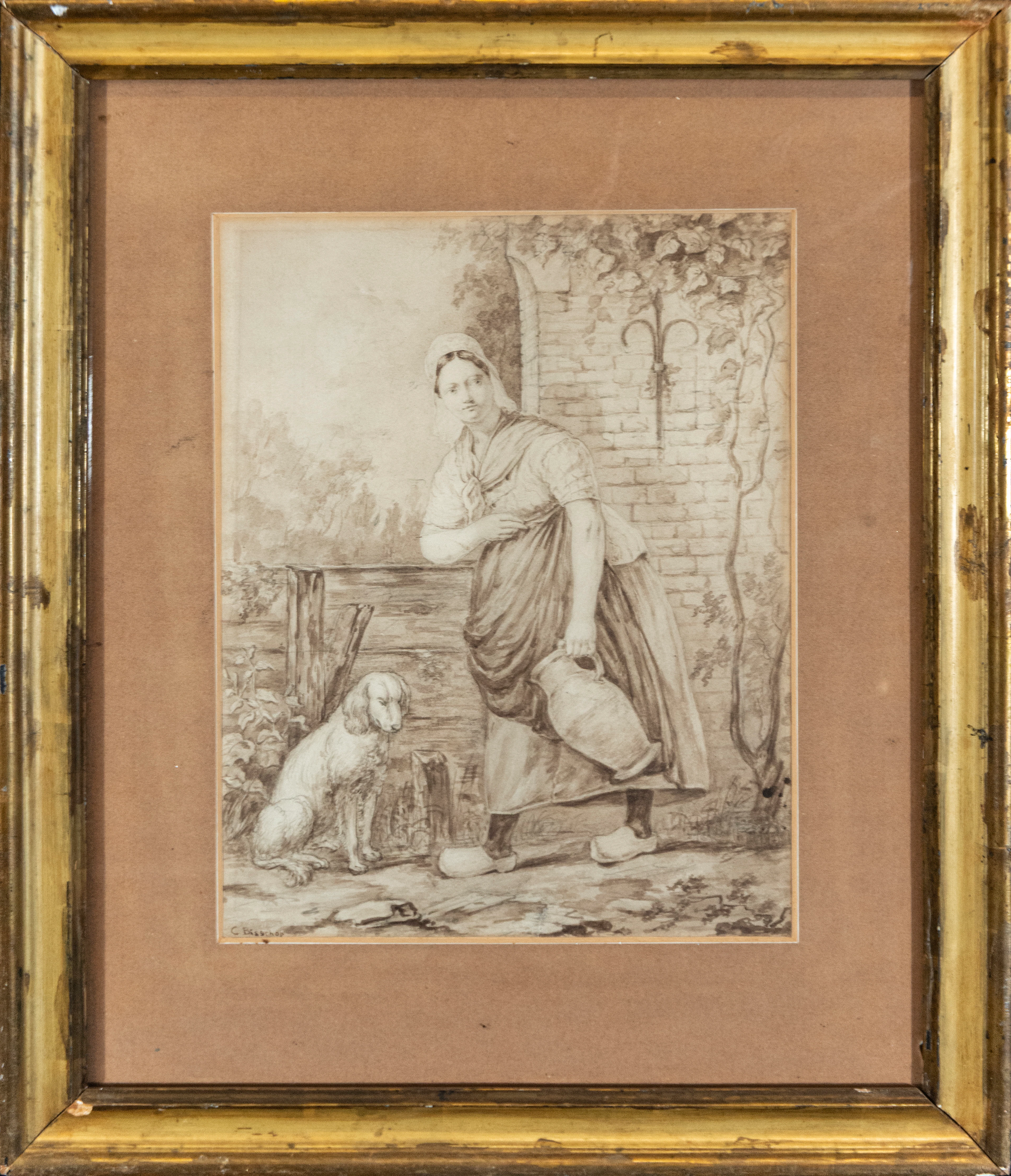 Female figure with dog, C. BISSCHOP, signed – Flemish School – 19th century