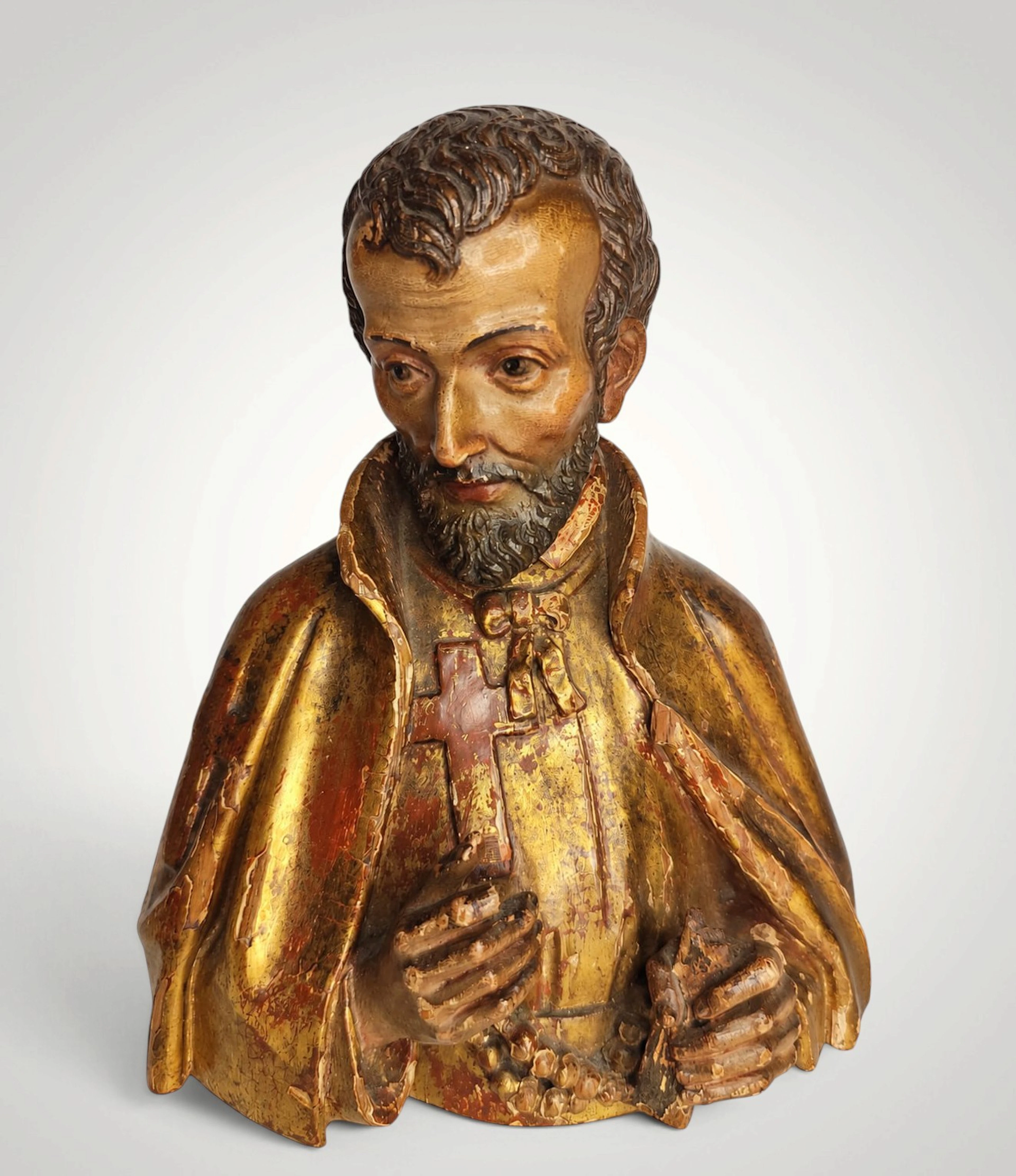 Italian Baroque 18th Century polychrome bust depicting Saint Francis Xavier