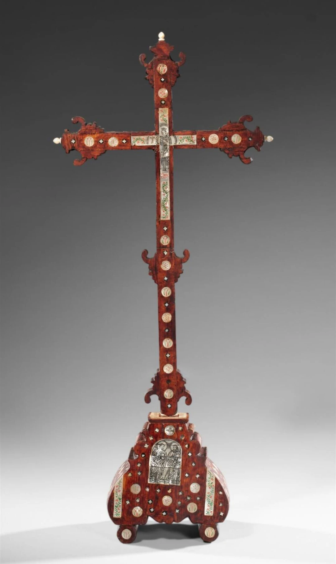 Exquisite large polychrome Palestinian cross from Jerusalem, 18th century