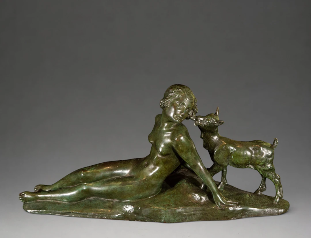 Reclining female nude next to a goat – European Art Deco school – 20th century