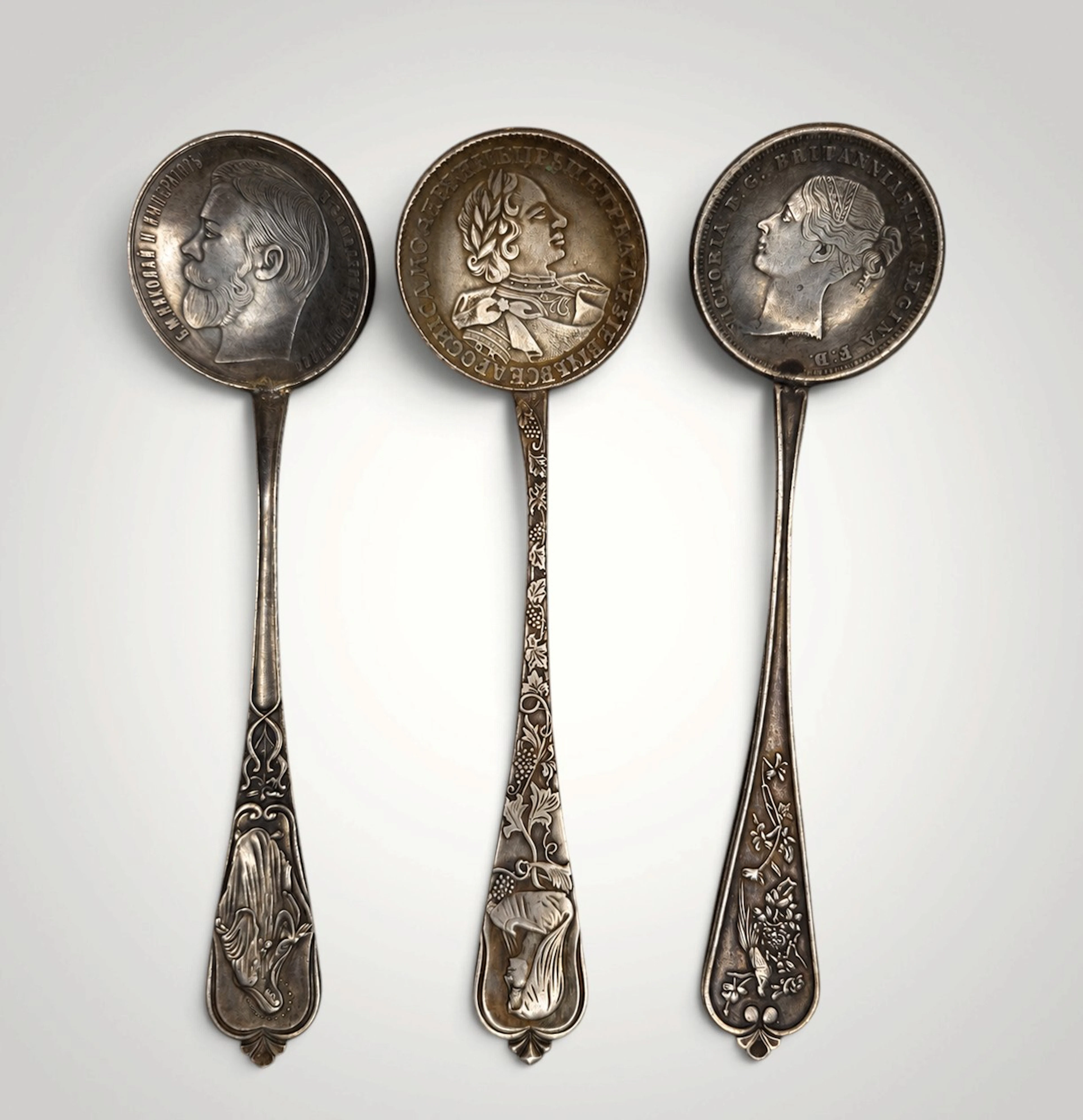 3 Fine Silver Spoons with Imperial Russian hallmarks and Russian coins