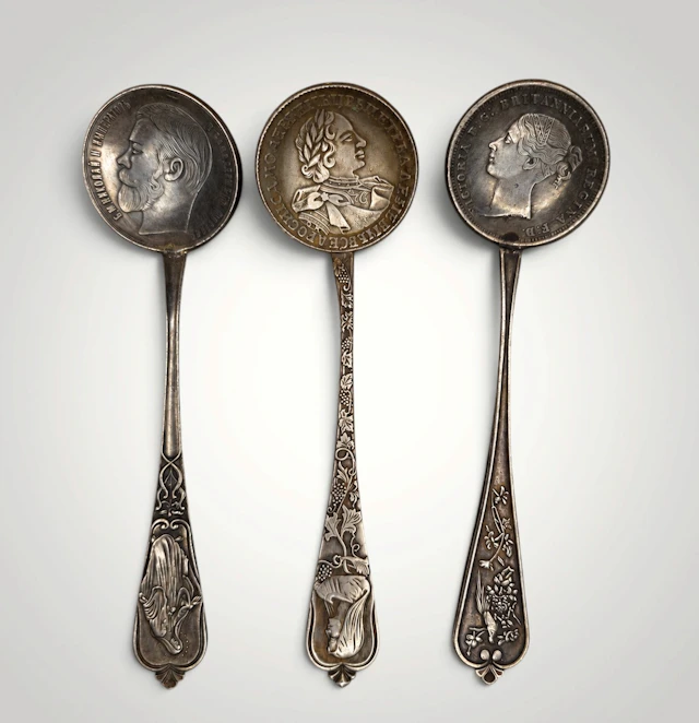 3 Fine Silver Spoons with Imperial Russian hallmarks and Russian coins