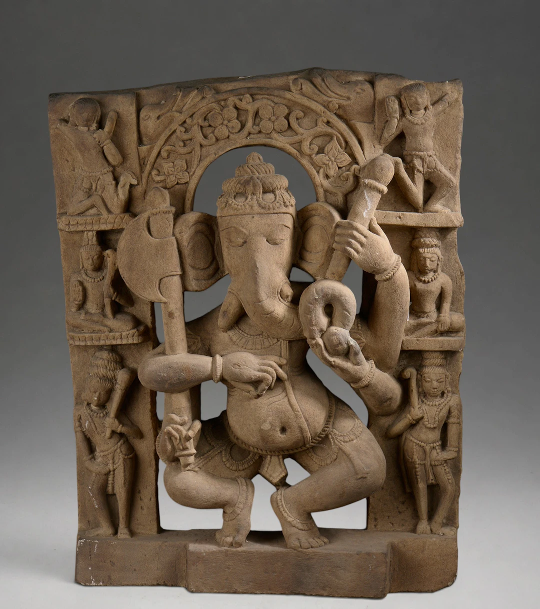 Large and ancient stone stele with dancing Ganesh, central India. Height: 53 cm