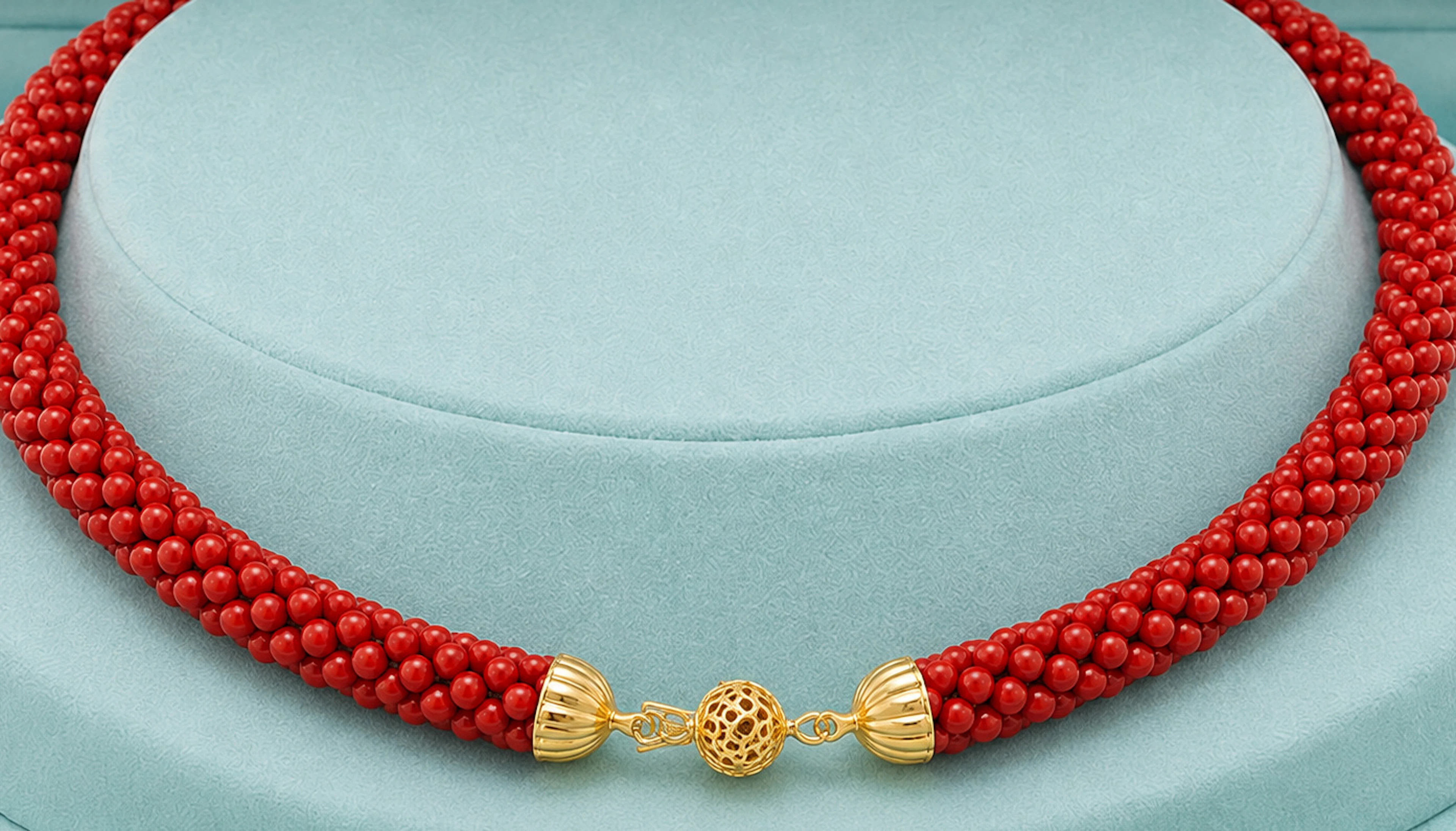 Large necklace with thick, handcrafted mesh and intense red natural