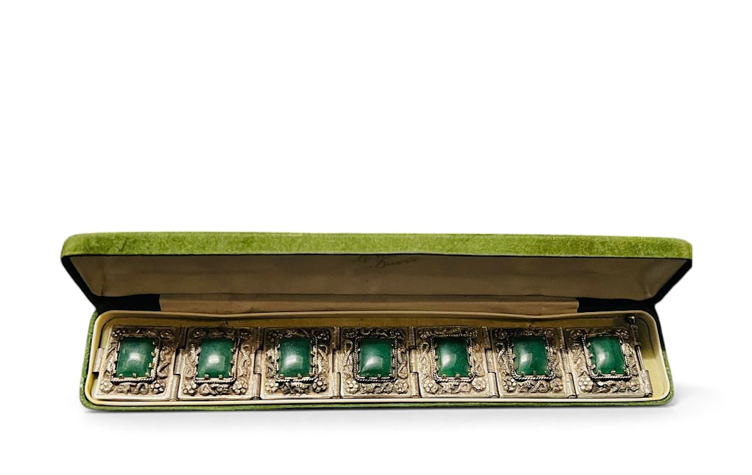 Magnificent Art Deco Chinese Green Jade and Silver Leslie Davies USA Bracelet