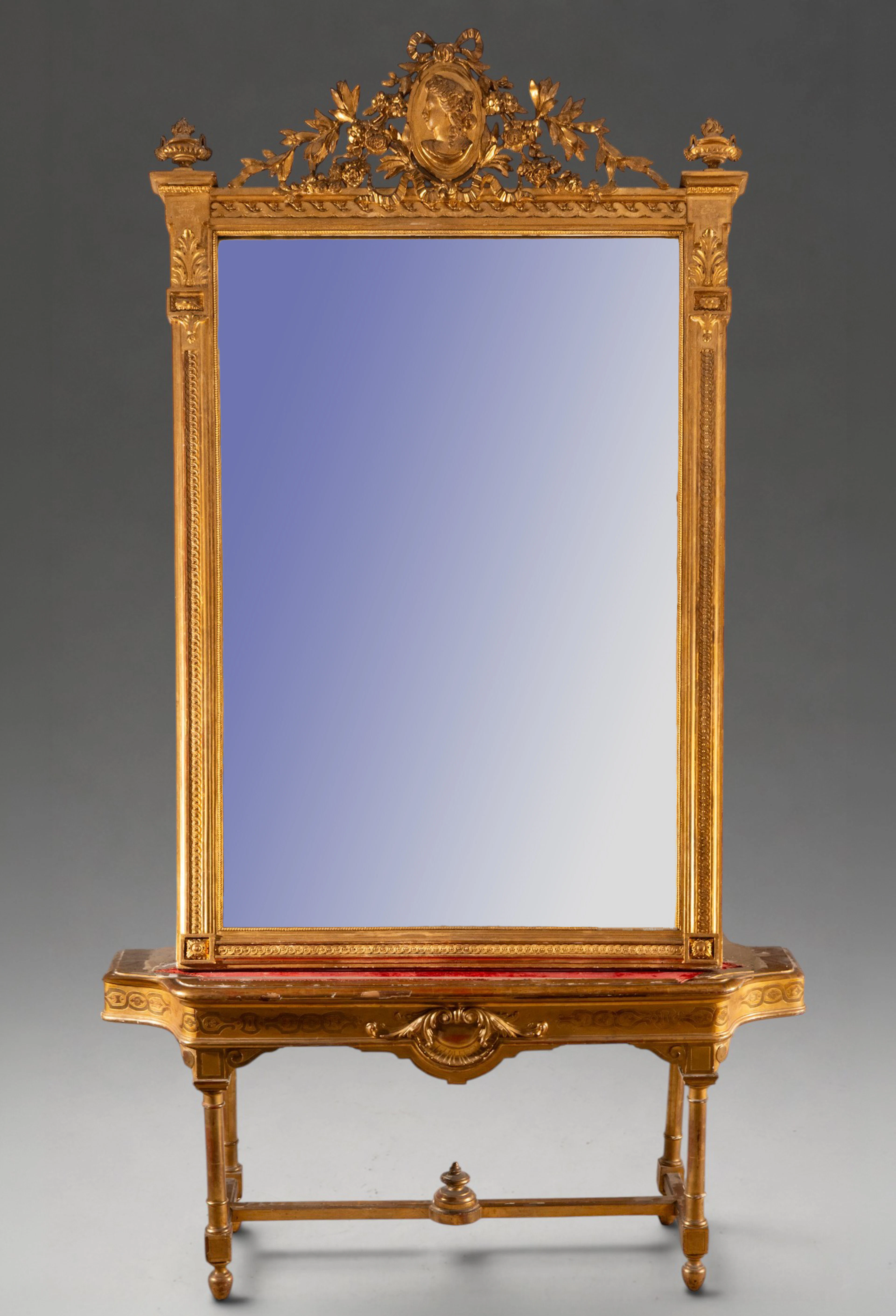 Mirror with carved and gilded wooden console – French School – 19th century