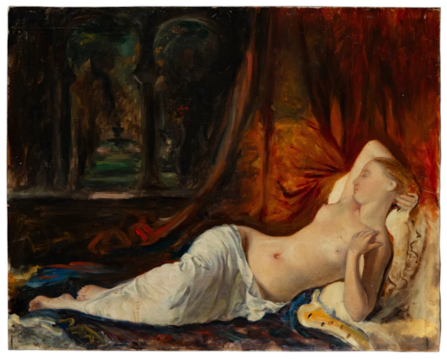 Reclining female nude indoors – French School – 20th century